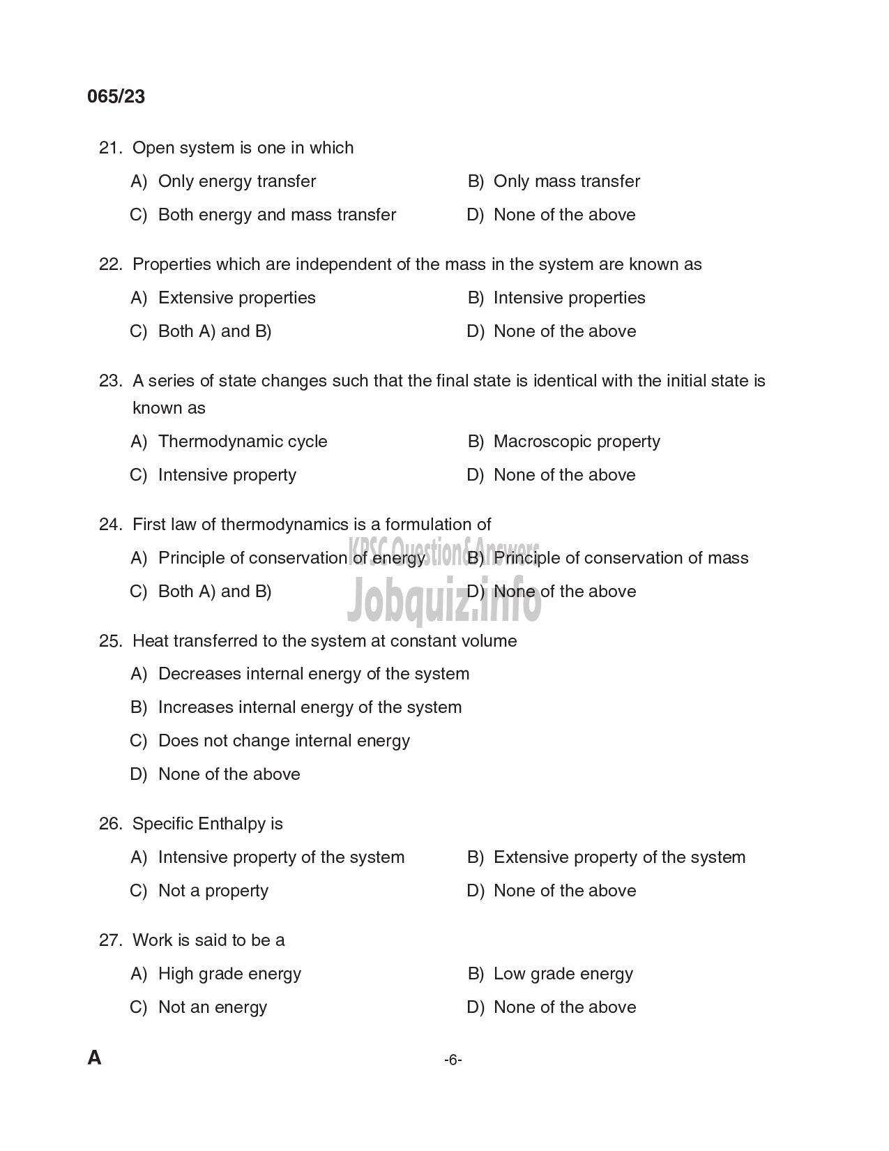 Kerala PSC Question Paper - Overseer/ Draftsman (Mechanical) Gr I, Draftsman Gr II (Mechanical Engineering), Plant Engineer (Mechanical), Senior Driller, Purchase Assistant etc -6