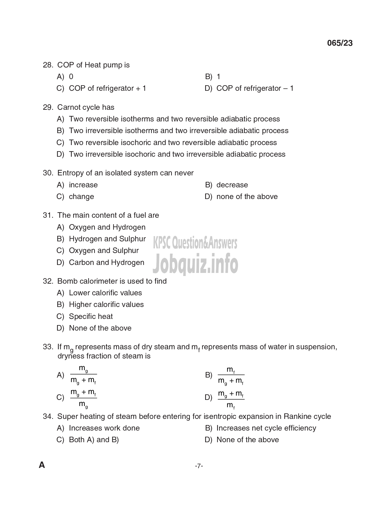 Kerala PSC Question Paper - Overseer/ Draftsman (Mechanical) Gr I, Draftsman Gr II (Mechanical Engineering), Plant Engineer (Mechanical), Senior Driller, Purchase Assistant etc -7