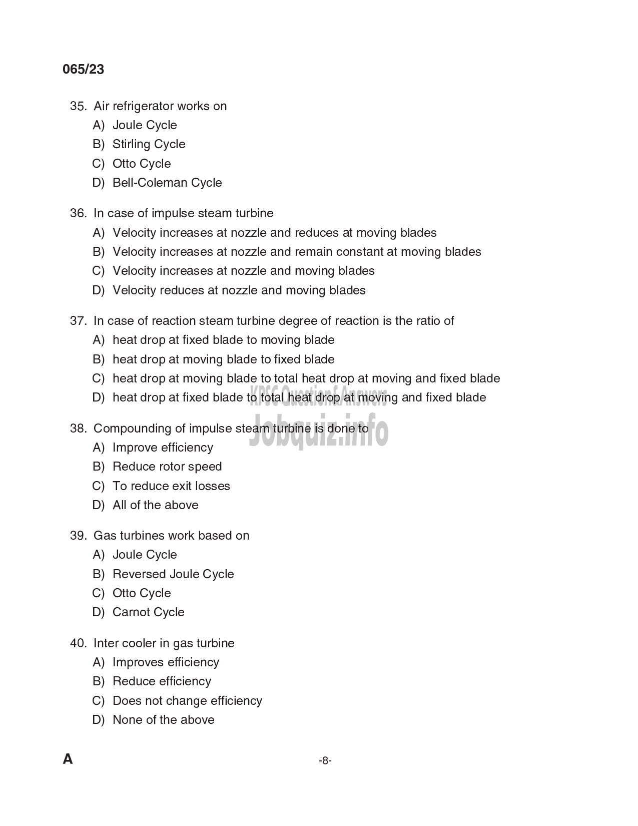 Kerala PSC Question Paper - Overseer/ Draftsman (Mechanical) Gr I, Draftsman Gr II (Mechanical Engineering), Plant Engineer (Mechanical), Senior Driller, Purchase Assistant etc -8