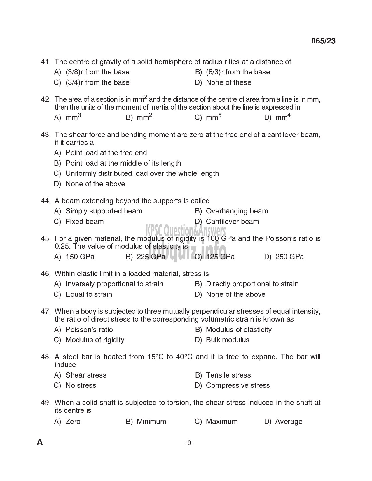 Kerala PSC Question Paper - Overseer/ Draftsman (Mechanical) Gr I, Draftsman Gr II (Mechanical Engineering), Plant Engineer (Mechanical), Senior Driller, Purchase Assistant etc -9