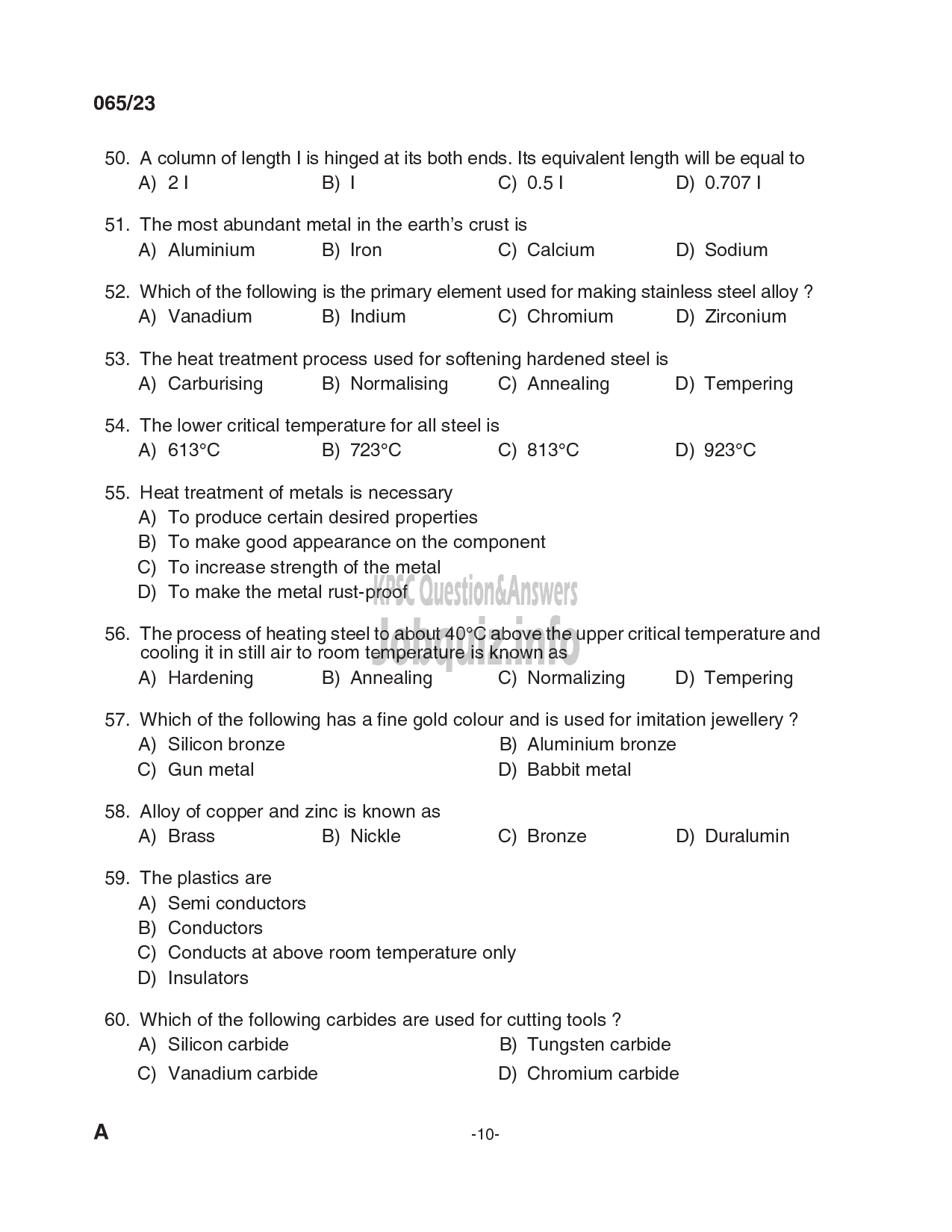 Kerala PSC Question Paper - Overseer/ Draftsman (Mechanical) Gr I, Draftsman Gr II (Mechanical Engineering), Plant Engineer (Mechanical), Senior Driller, Purchase Assistant etc -10