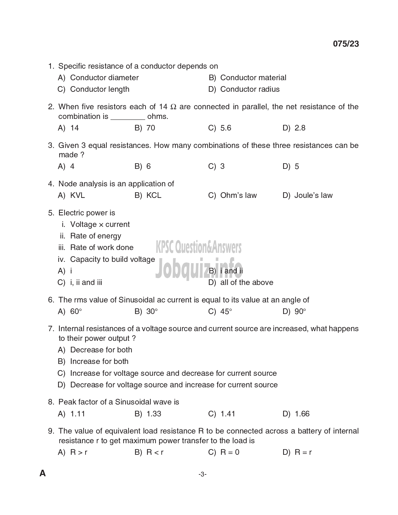 Kerala PSC Question Paper - Overseer Gr II (Electrical), Electrician, Workshop Instructor/ Instructor Gr II/ Demonstrator in Electrical Engineering in Universities, KSFDC, Technical Education -3