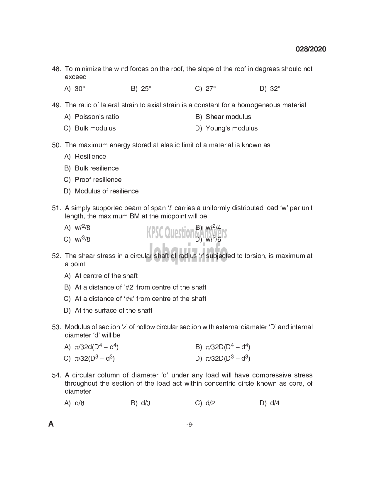 Kerala PSC Question Paper - Overseer Gr I/ Draftsman Gr I (Civil) - Harbour Engineering -9