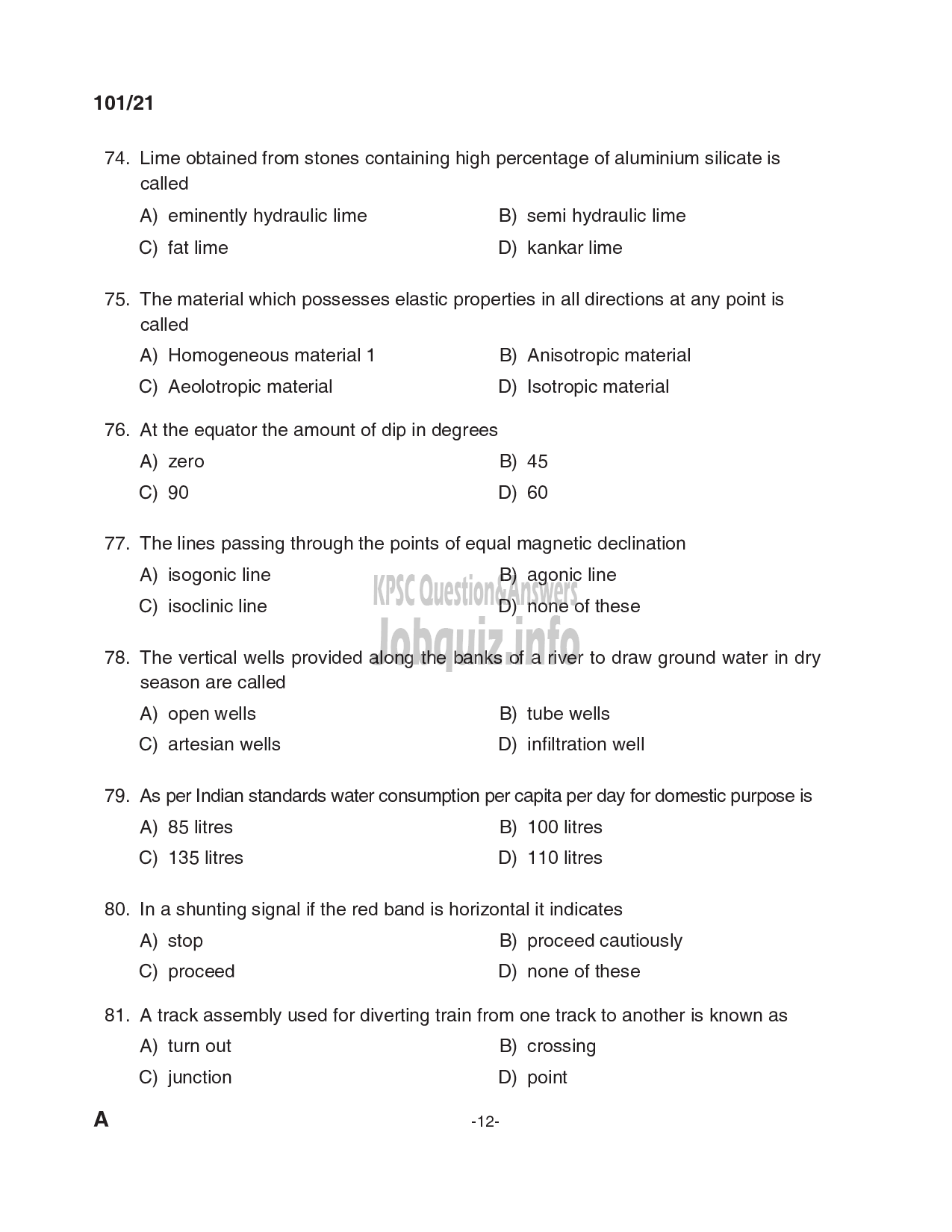 Kerala PSC Question Paper - Overseer (civil) ; Overseer Gr II/Draftsman Gr.II; Draftsman Gr I/ Overseer Gr I (civil) - LSGD ; KLDB; KLDC; PWD/Irigation (CAT.NO:127/20; 213/20; 347/20)-12