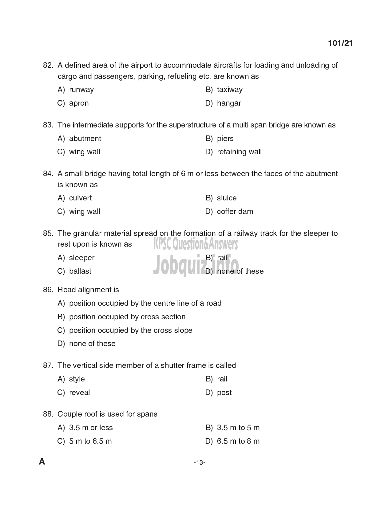 Kerala PSC Question Paper - Overseer (civil) ; Overseer Gr II/Draftsman Gr.II; Draftsman Gr I/ Overseer Gr I (civil) - LSGD ; KLDB; KLDC; PWD/Irigation (CAT.NO:127/20; 213/20; 347/20)-13