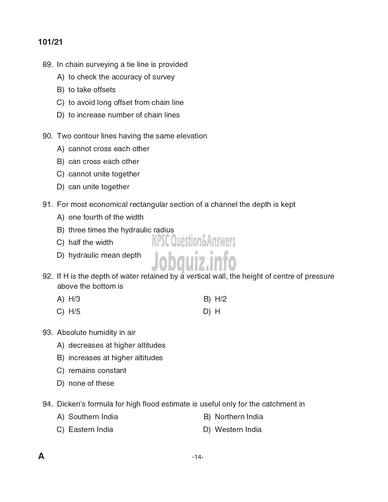 Kerala PSC Question Paper - Overseer (civil) ; Overseer Gr II/Draftsman Gr.II; Draftsman Gr I/ Overseer Gr I (civil) - LSGD ; KLDB; KLDC; PWD/Irigation (CAT.NO:127/20; 213/20; 347/20)-14