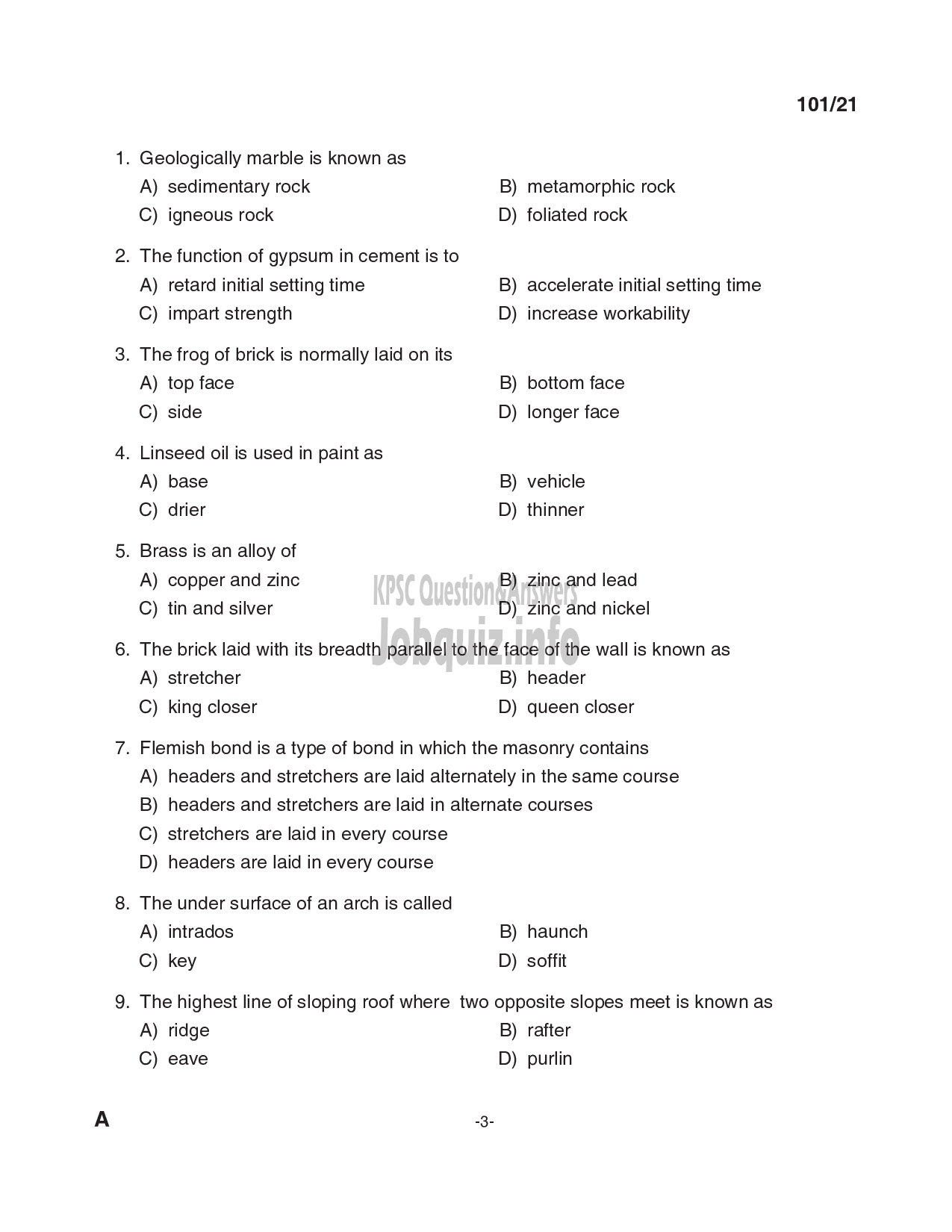 Kerala PSC Question Paper - Overseer (civil) ; Overseer Gr II/Draftsman Gr.II; Draftsman Gr I/ Overseer Gr I (civil) - LSGD ; KLDB; KLDC; PWD/Irigation (CAT.NO:127/20; 213/20; 347/20)-3