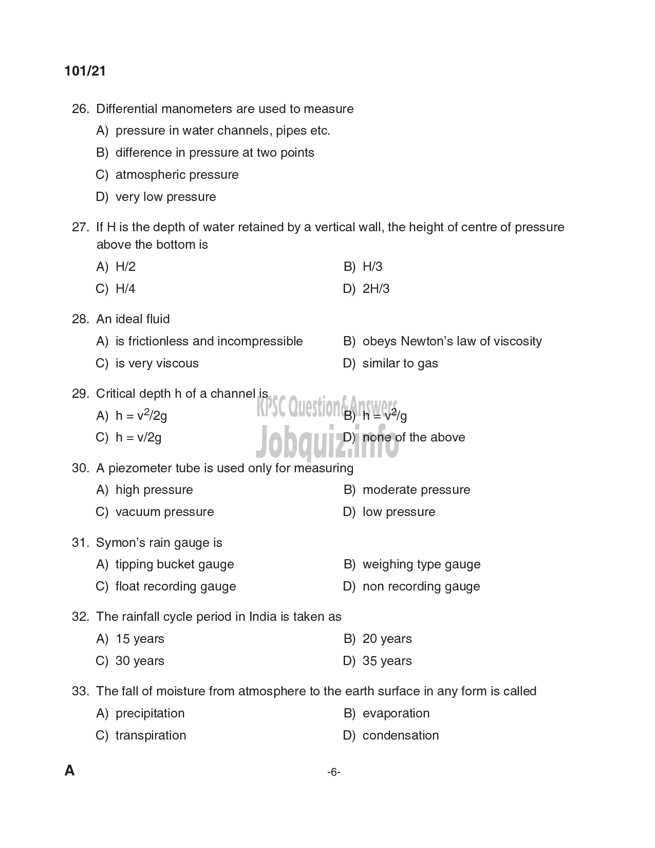 Kerala PSC Question Paper - Overseer (civil) ; Overseer Gr II/Draftsman Gr.II; Draftsman Gr I/ Overseer Gr I (civil) - LSGD ; KLDB; KLDC; PWD/Irigation (CAT.NO:127/20; 213/20; 347/20)-6