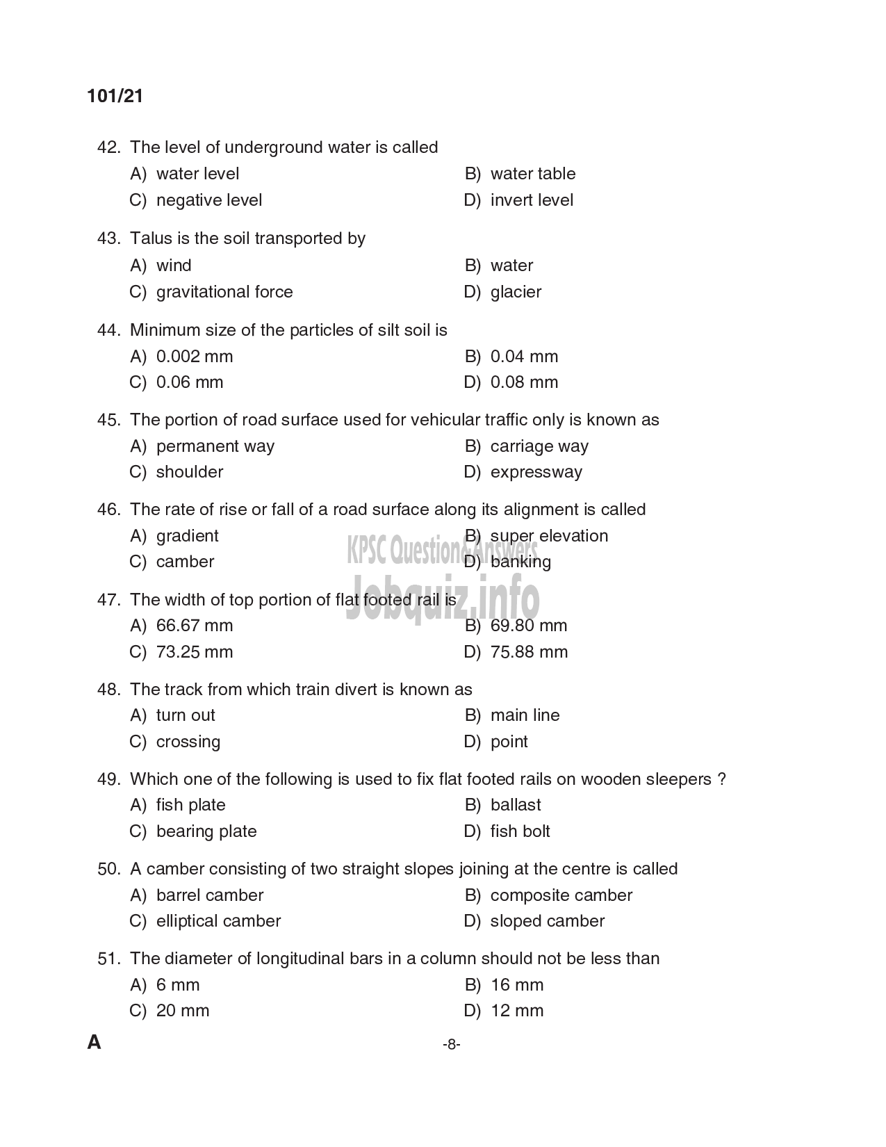 Kerala PSC Question Paper - Overseer (civil) ; Overseer Gr II/Draftsman Gr.II; Draftsman Gr I/ Overseer Gr I (civil) - LSGD ; KLDB; KLDC; PWD/Irigation (CAT.NO:127/20; 213/20; 347/20)-8