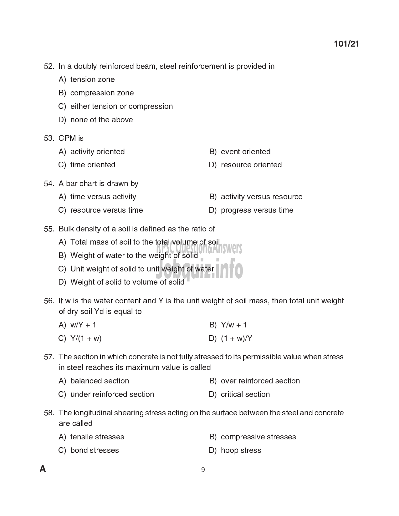 Kerala PSC Question Paper - Overseer (civil) ; Overseer Gr II/Draftsman Gr.II; Draftsman Gr I/ Overseer Gr I (civil) - LSGD ; KLDB; KLDC; PWD/Irigation (CAT.NO:127/20; 213/20; 347/20)-9
