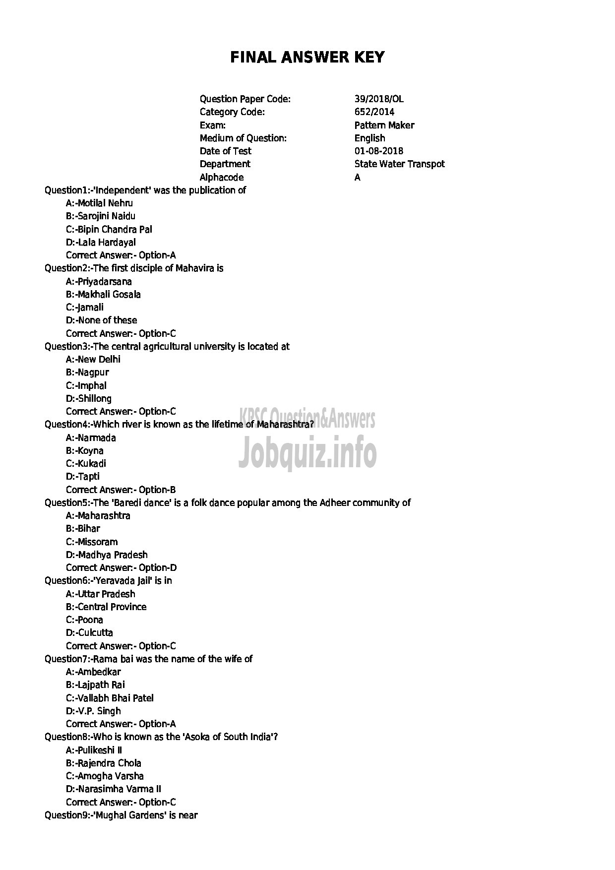 Kerala PSC Question Paper - PATTERN MAKER STATE WATER TRANSPORT-1