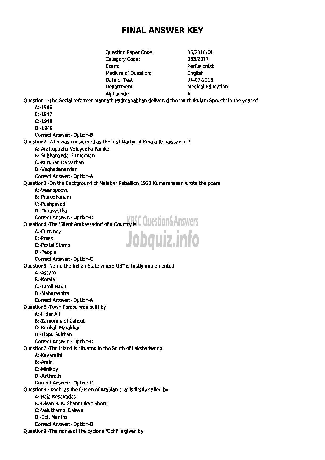 Kerala PSC Question Paper - PERFUSIONIST MEDICAL EDUCATION-1