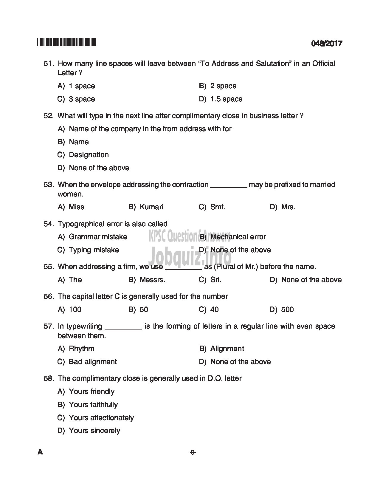 Kerala PSC Question Paper - PERSONAL ASSISTANT TO MANAGING DIRECTOR FOREST INDUSTRIES / STENOGRAPHER KSBC QUESTION PAPER-9