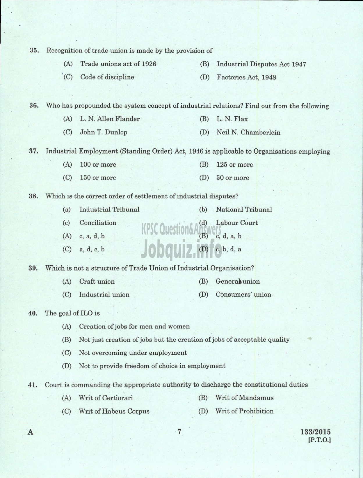 Kerala PSC Question Paper - PERSONNEL OFFICER PART I KCMMF LTD-5