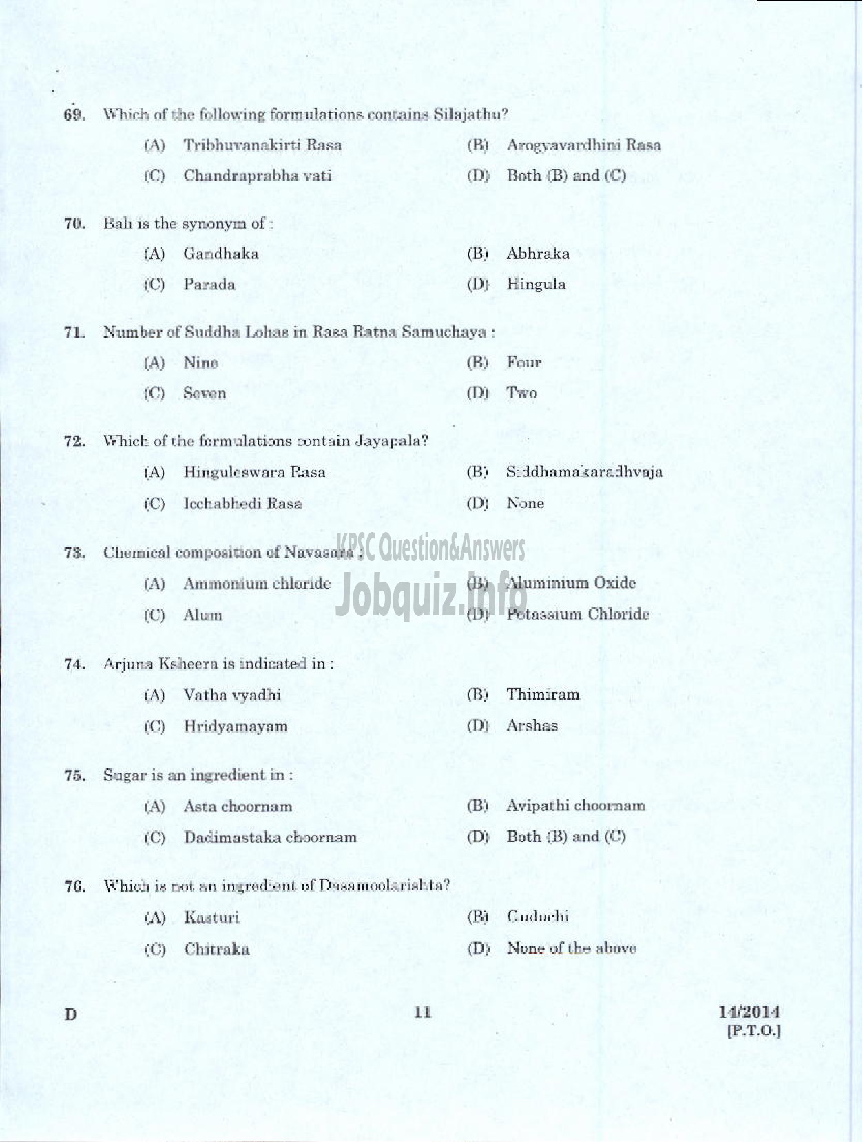 Kerala PSC Question Paper - PHARMACIST GRADE II AYURVEDA-9