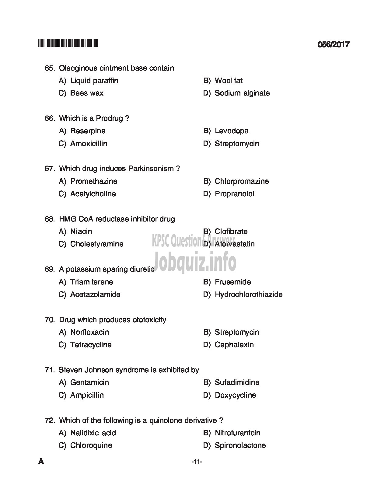 Kerala PSC Question Paper - PHARMACIST GRADE II INSURANCE MEDICAL SERVICES QUESTION PAPER-11