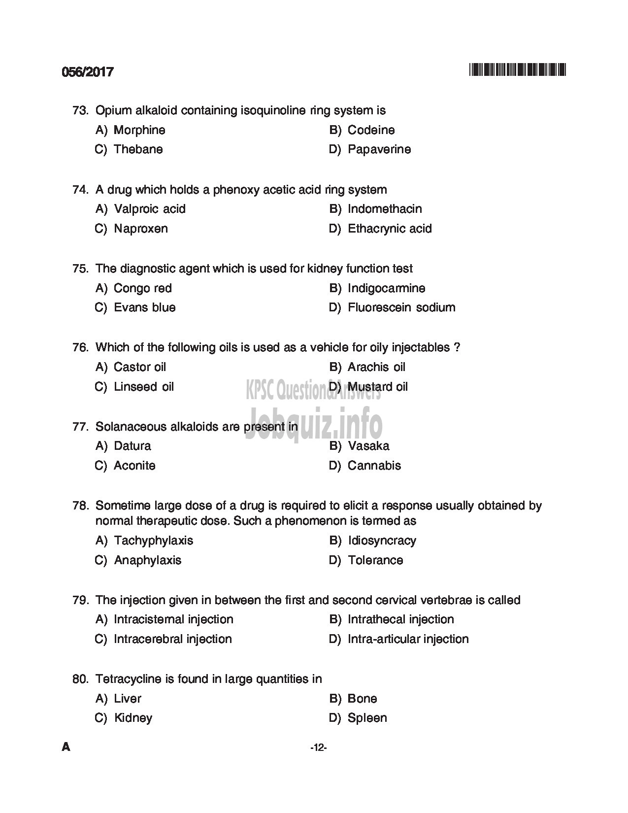 Kerala PSC Question Paper - PHARMACIST GRADE II INSURANCE MEDICAL SERVICES QUESTION PAPER-12