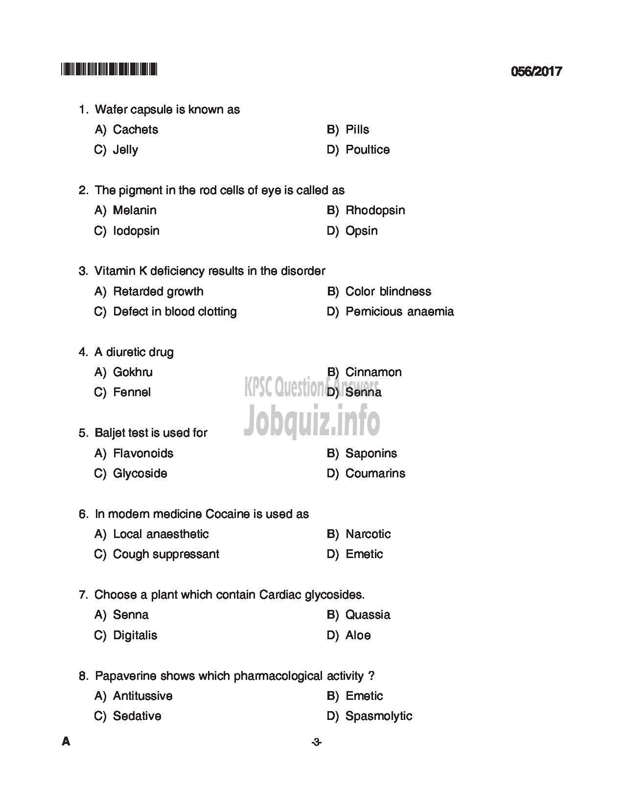 Kerala PSC Question Paper - PHARMACIST GRADE II INSURANCE MEDICAL SERVICES QUESTION PAPER-3