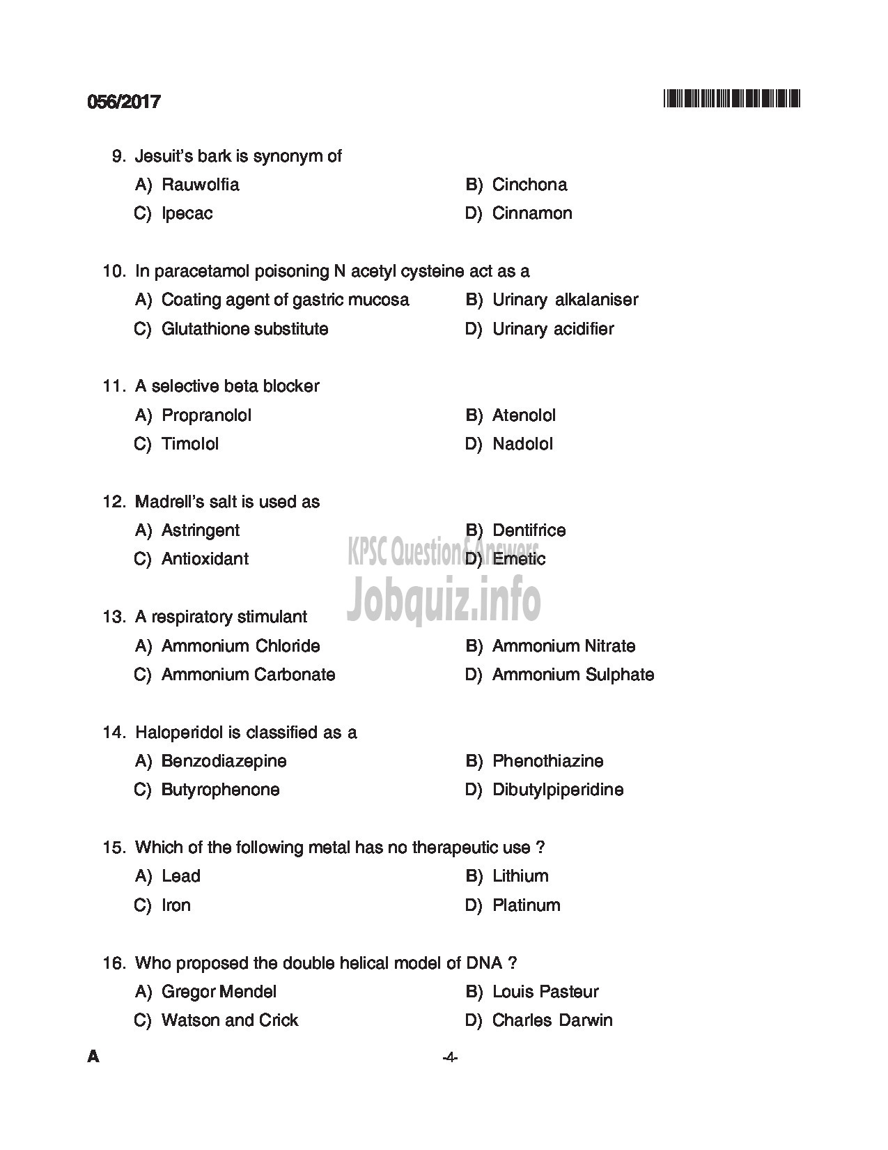 Kerala PSC Question Paper - PHARMACIST GRADE II INSURANCE MEDICAL SERVICES QUESTION PAPER-4