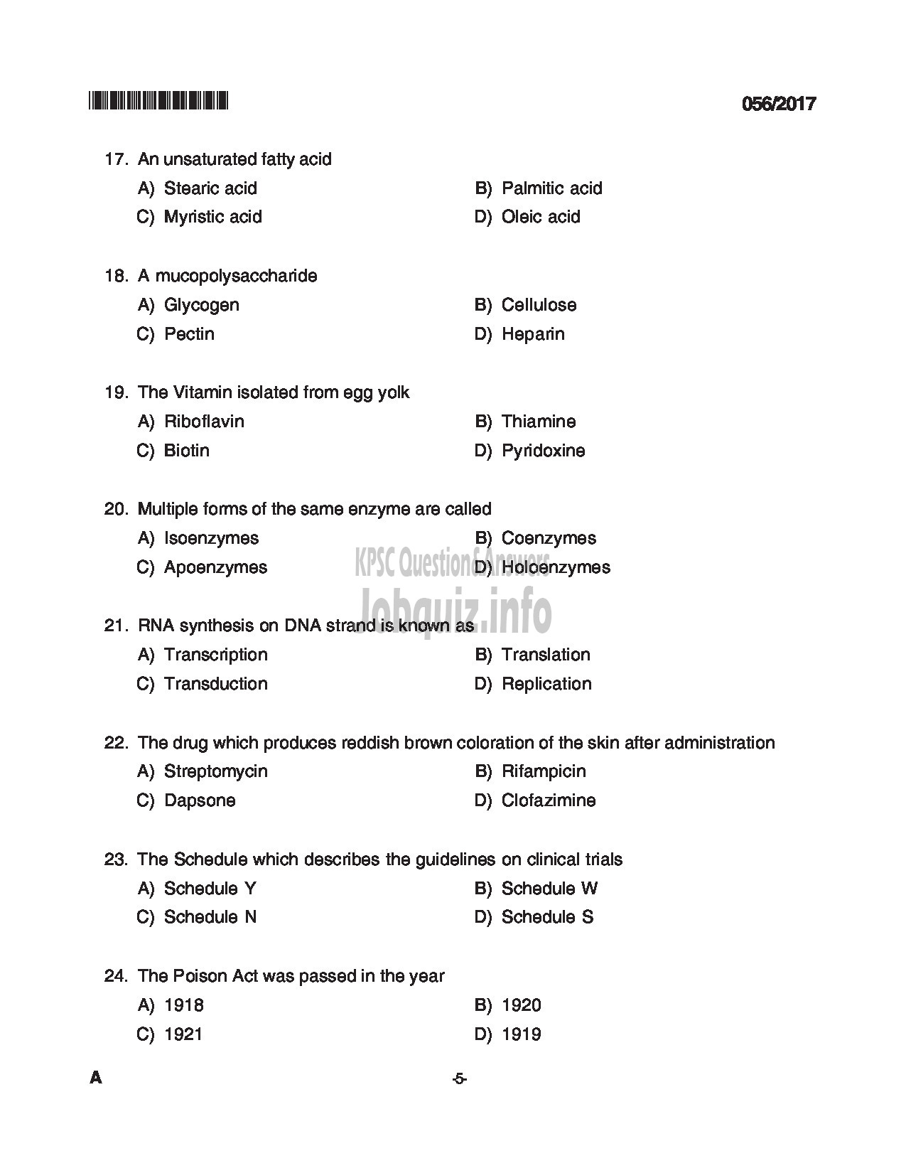 Kerala PSC Question Paper - PHARMACIST GRADE II INSURANCE MEDICAL SERVICES QUESTION PAPER-5