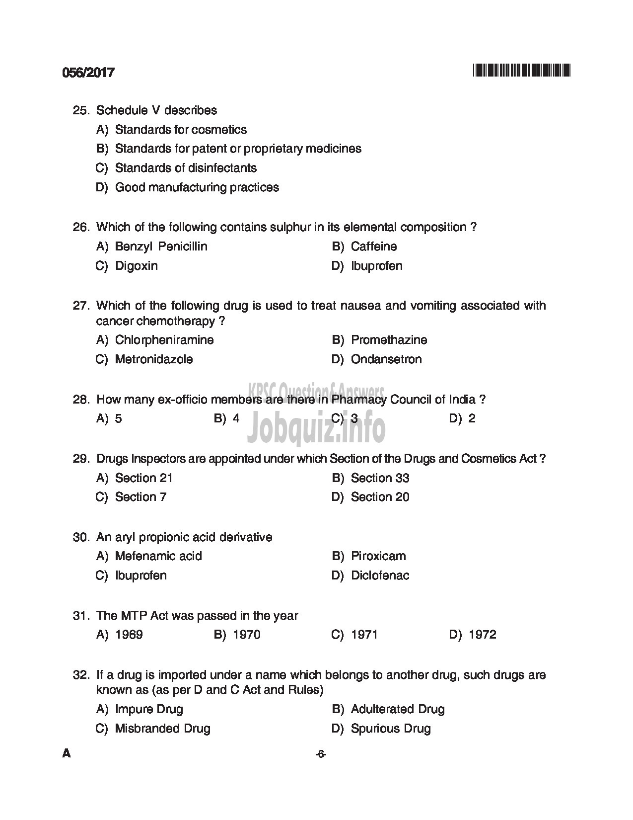 Kerala PSC Question Paper - PHARMACIST GRADE II INSURANCE MEDICAL SERVICES QUESTION PAPER-6