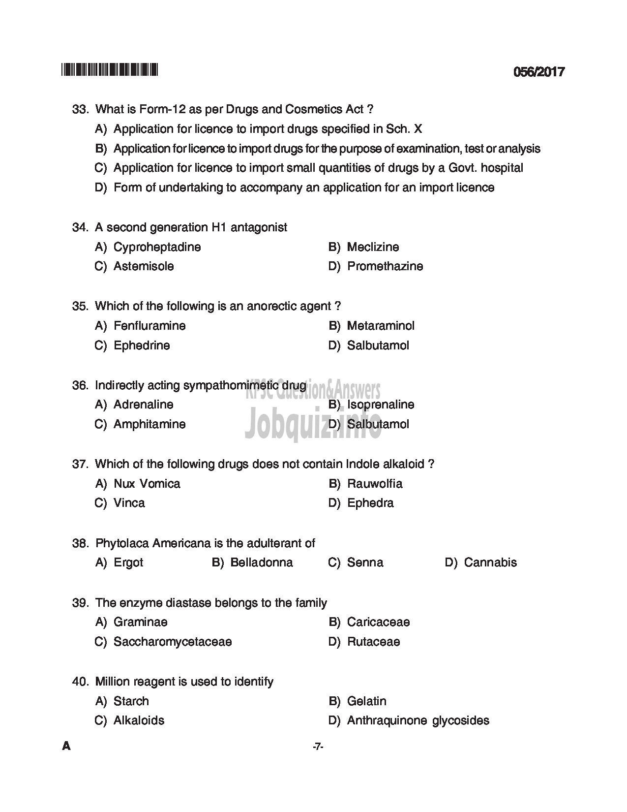 Kerala PSC Question Paper - PHARMACIST GRADE II INSURANCE MEDICAL SERVICES QUESTION PAPER-7