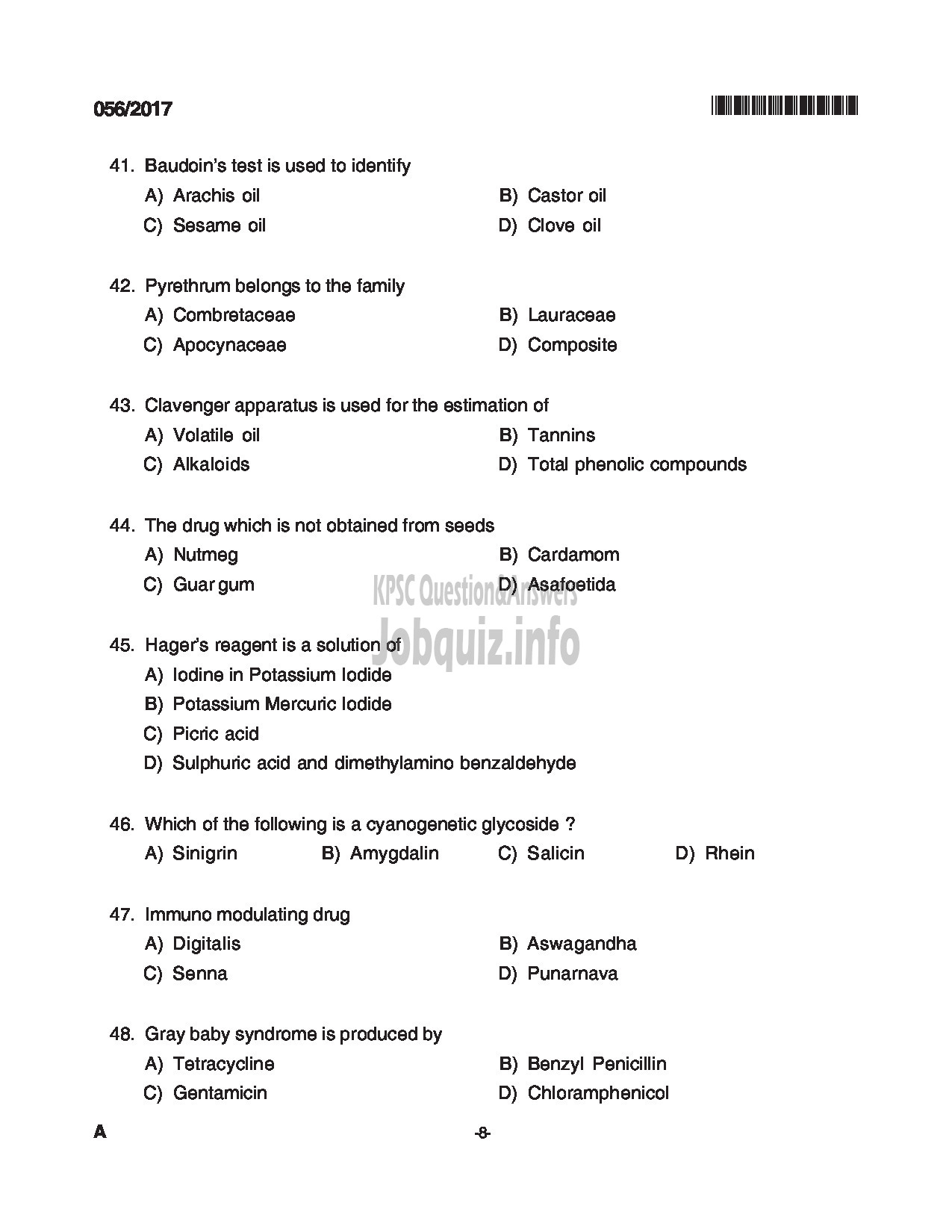 Kerala PSC Question Paper - PHARMACIST GRADE II INSURANCE MEDICAL SERVICES QUESTION PAPER-8