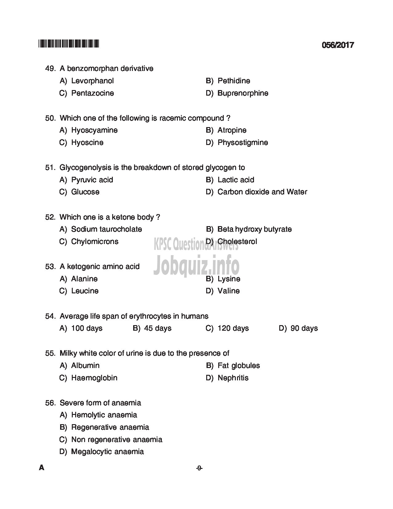 Kerala PSC Question Paper - PHARMACIST GRADE II INSURANCE MEDICAL SERVICES QUESTION PAPER-9