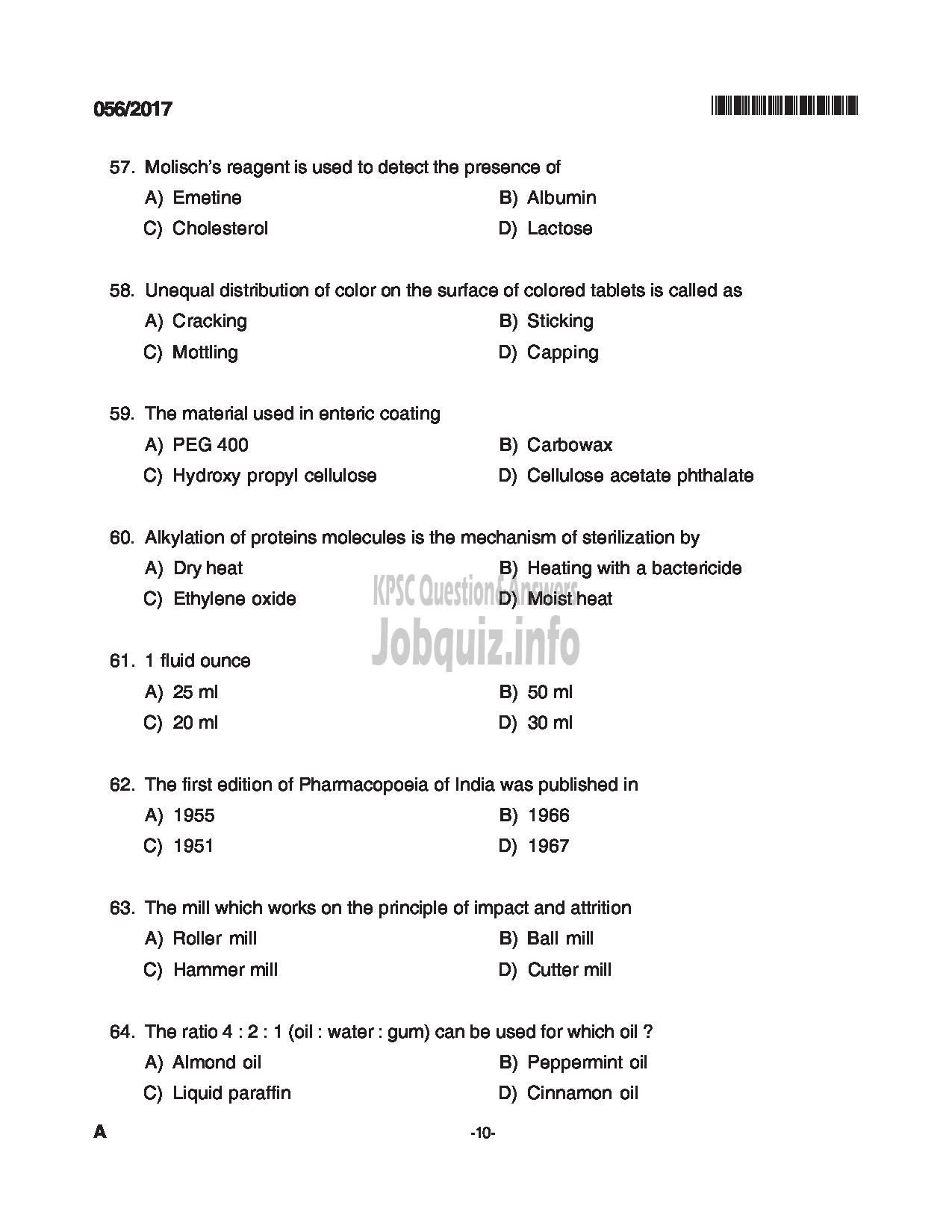 Kerala PSC Question Paper - PHARMACIST GRADE II INSURANCE MEDICAL SERVICES QUESTION PAPER-10