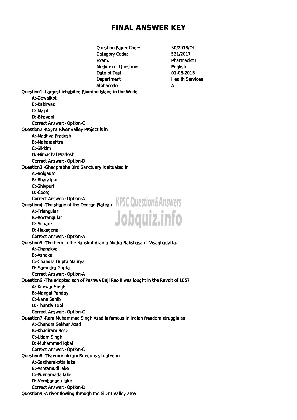 Kerala PSC Question Paper - PHARMACIST GR II HEALTH SERVICES-1