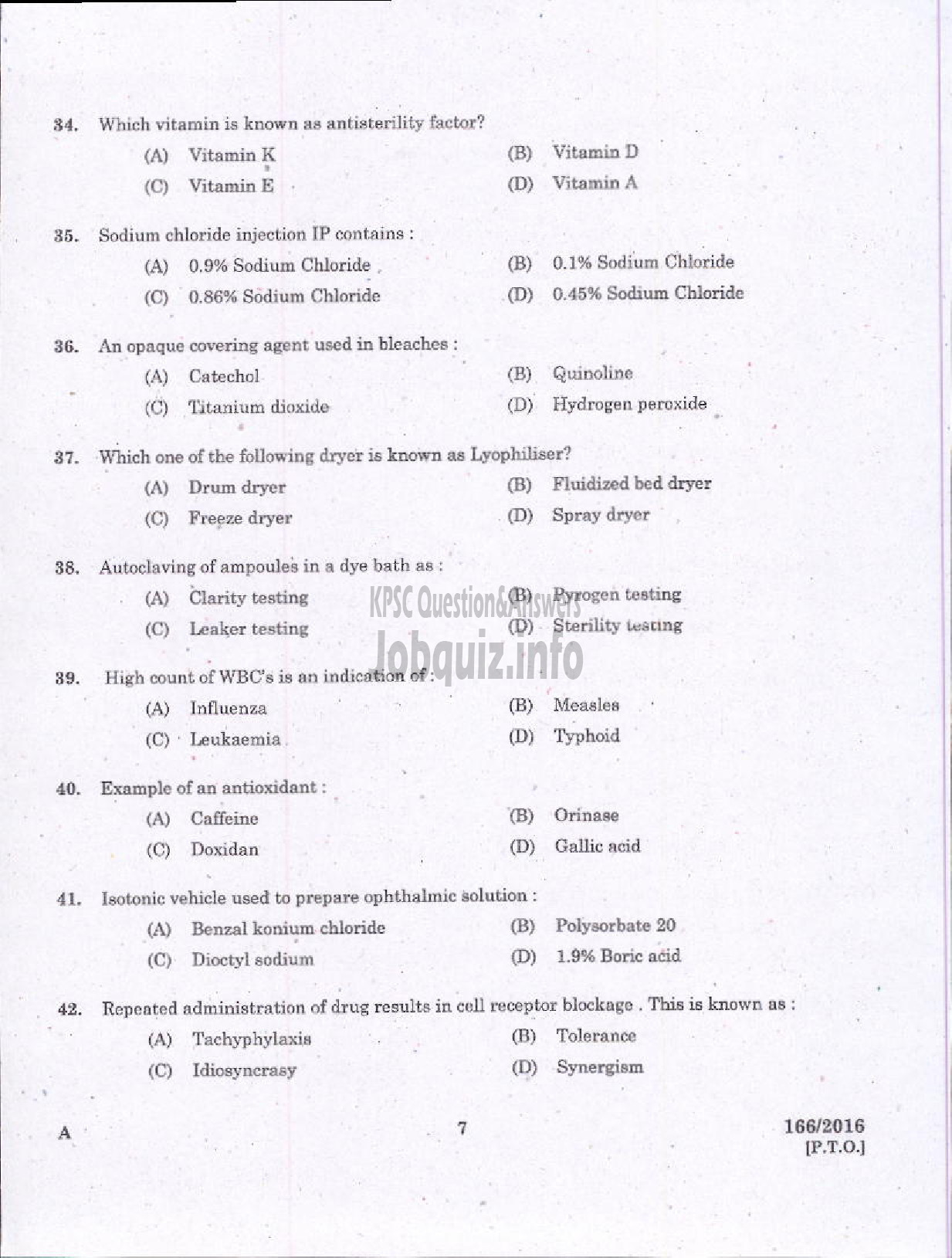 Kerala PSC Question Paper - PHARMACIST GR II IMS/MEDICAL EDUCATION/HEALTH SERVICES/COMPOUNDER PLANTATION CORPORATION-5