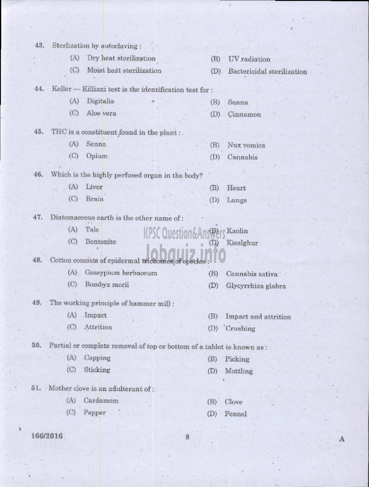 Kerala PSC Question Paper - PHARMACIST GR II IMS/MEDICAL EDUCATION/HEALTH SERVICES/COMPOUNDER PLANTATION CORPORATION-6