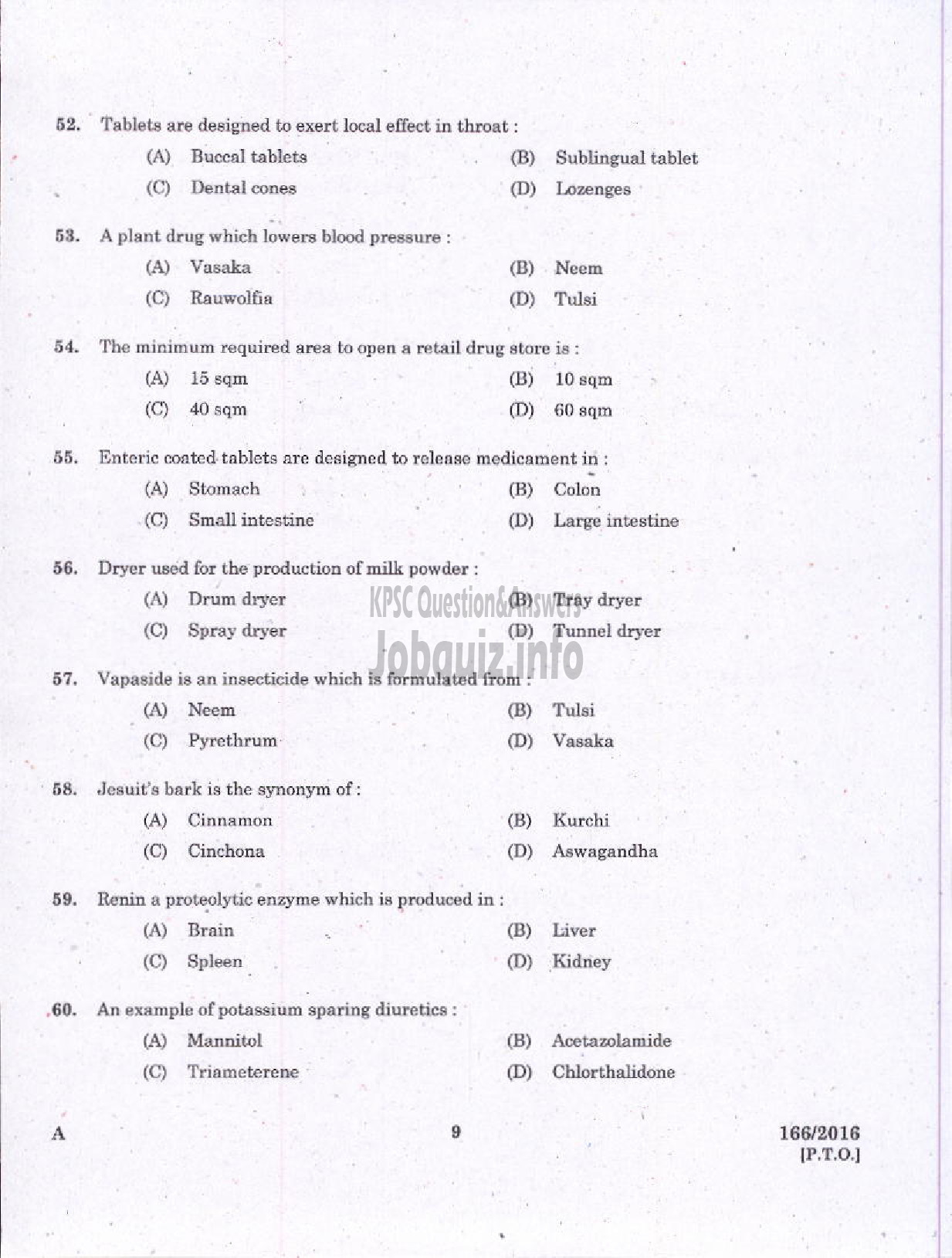 Kerala PSC Question Paper - PHARMACIST GR II IMS/MEDICAL EDUCATION/HEALTH SERVICES/COMPOUNDER PLANTATION CORPORATION-7