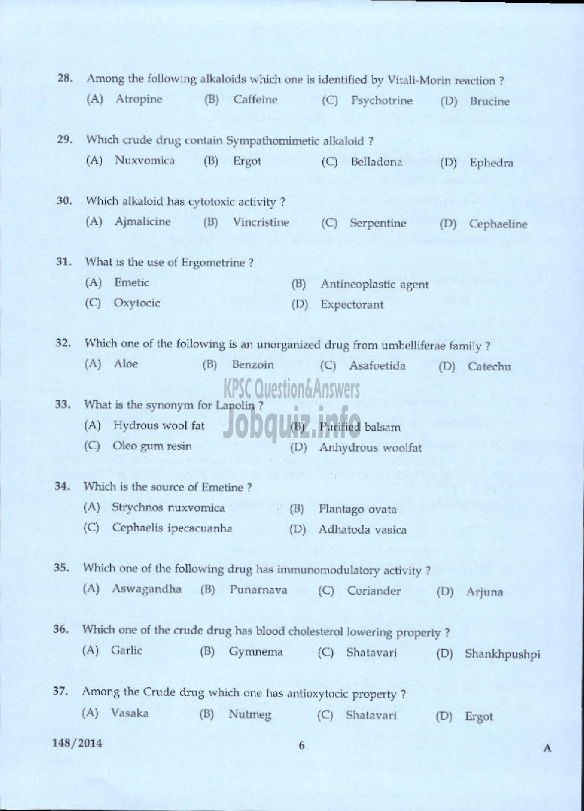 Kerala PSC Question Paper - PHARMACIST GR II NCA LC/AI HN HEALTH SERVICES KSGD-4