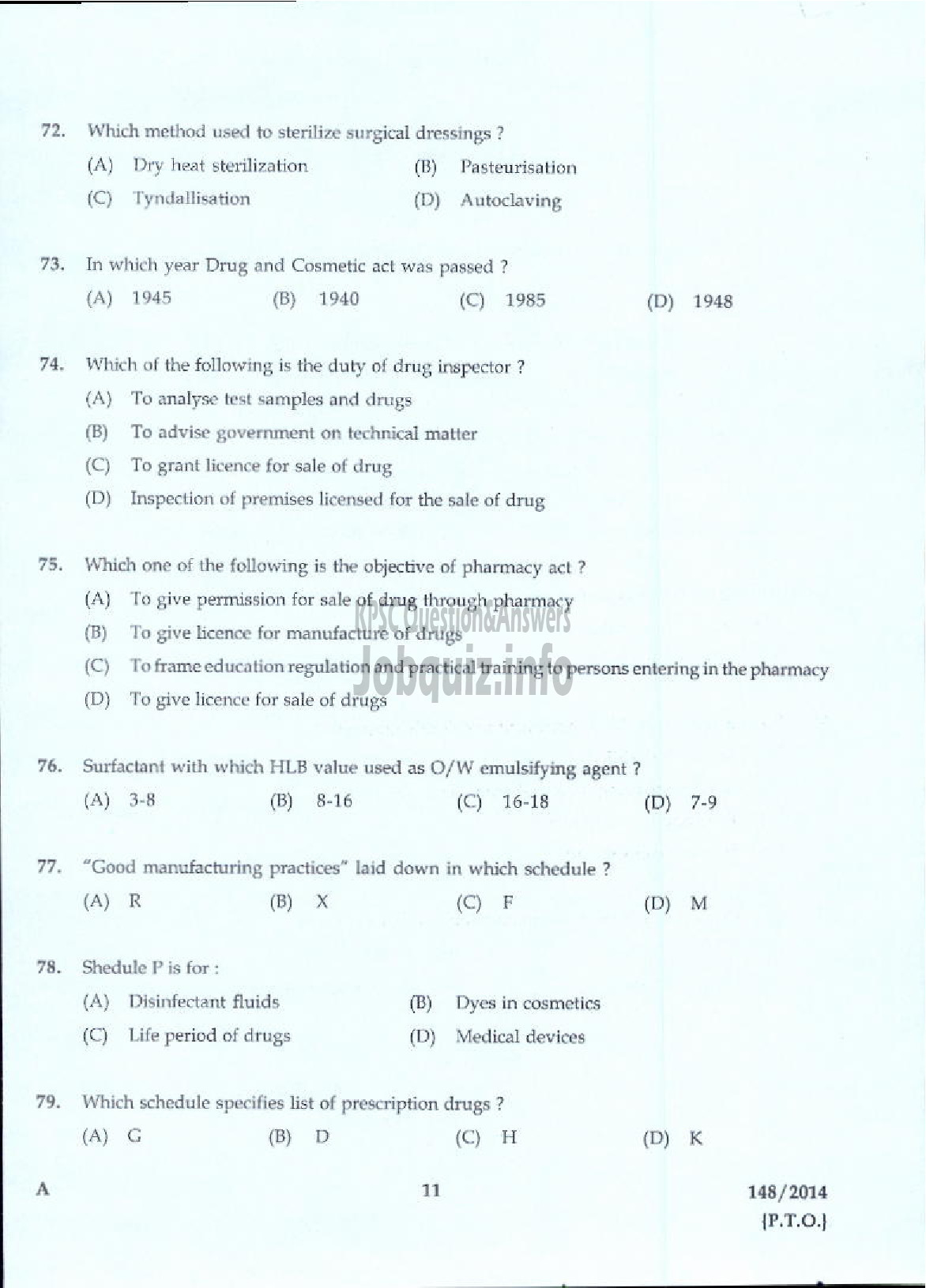 Kerala PSC Question Paper - PHARMACIST GR II NCA LC/AI HN HEALTH SERVICES KSGD-9