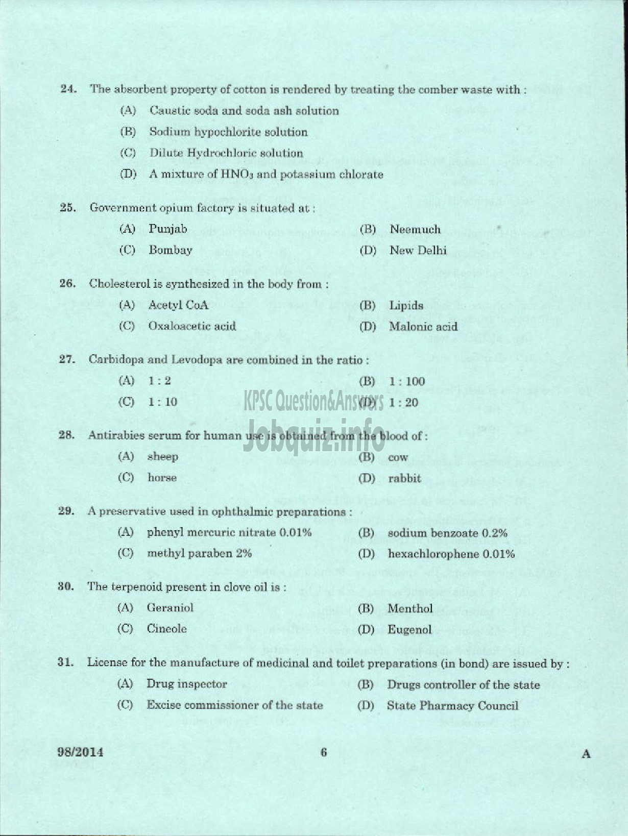Kerala PSC Question Paper - PHARMA CHEMIST ANIMAL HUSBANDRY-4
