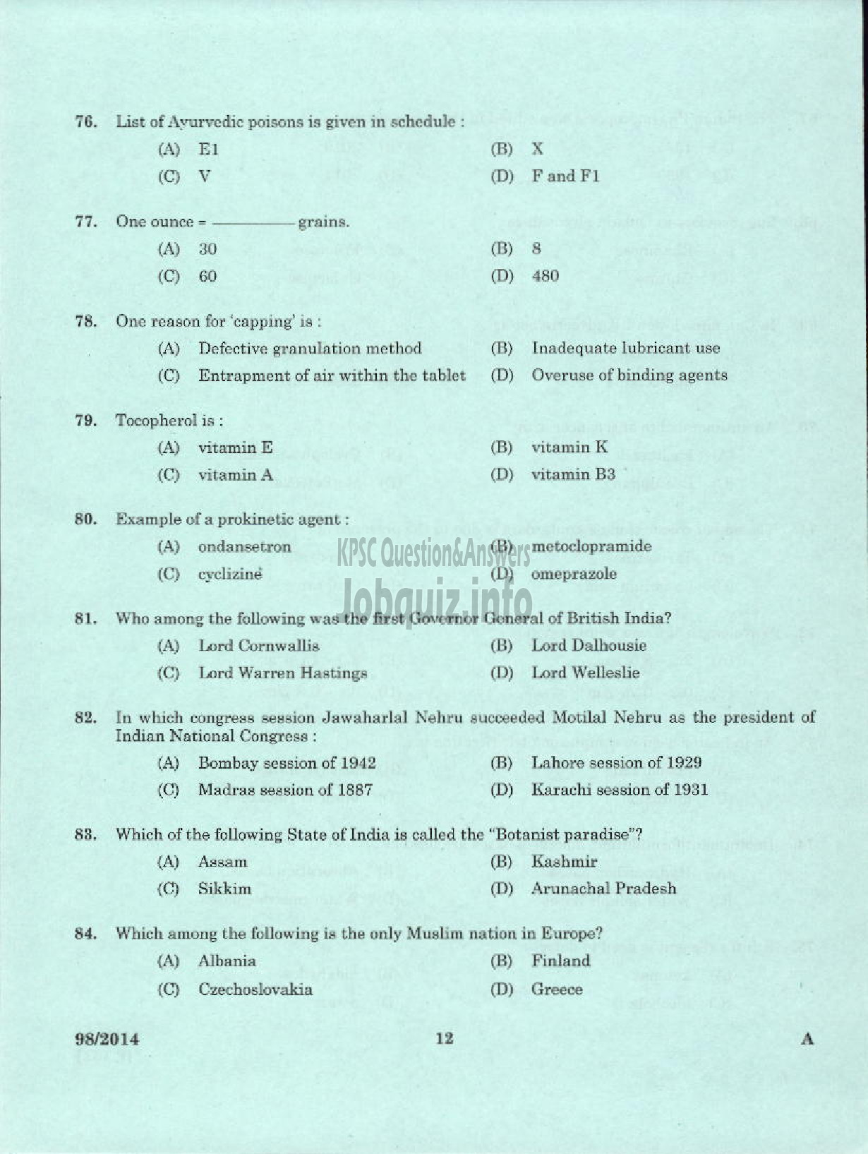 Kerala PSC Question Paper - PHARMA CHEMIST ANIMAL HUSBANDRY-10