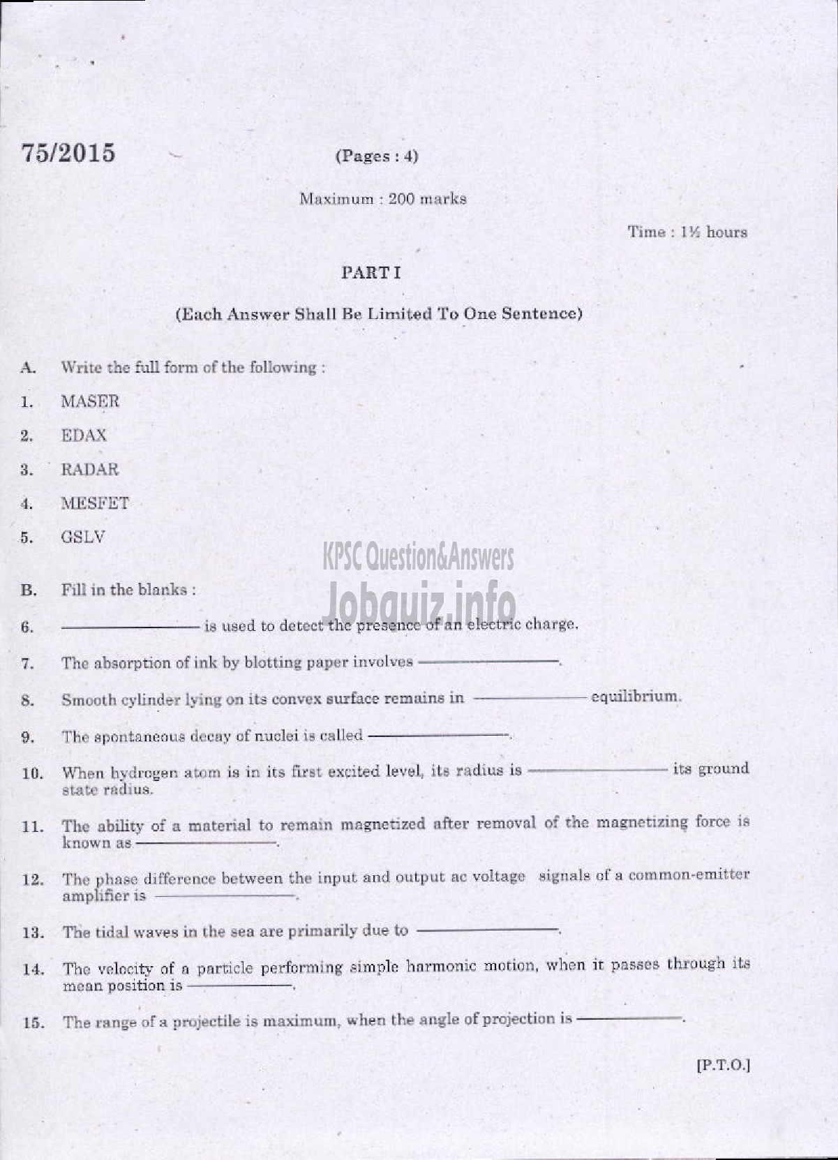 Kerala PSC Question Paper - PHYSICS-1