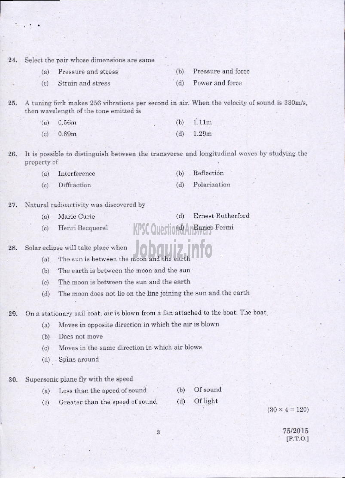 Kerala PSC Question Paper - PHYSICS-3