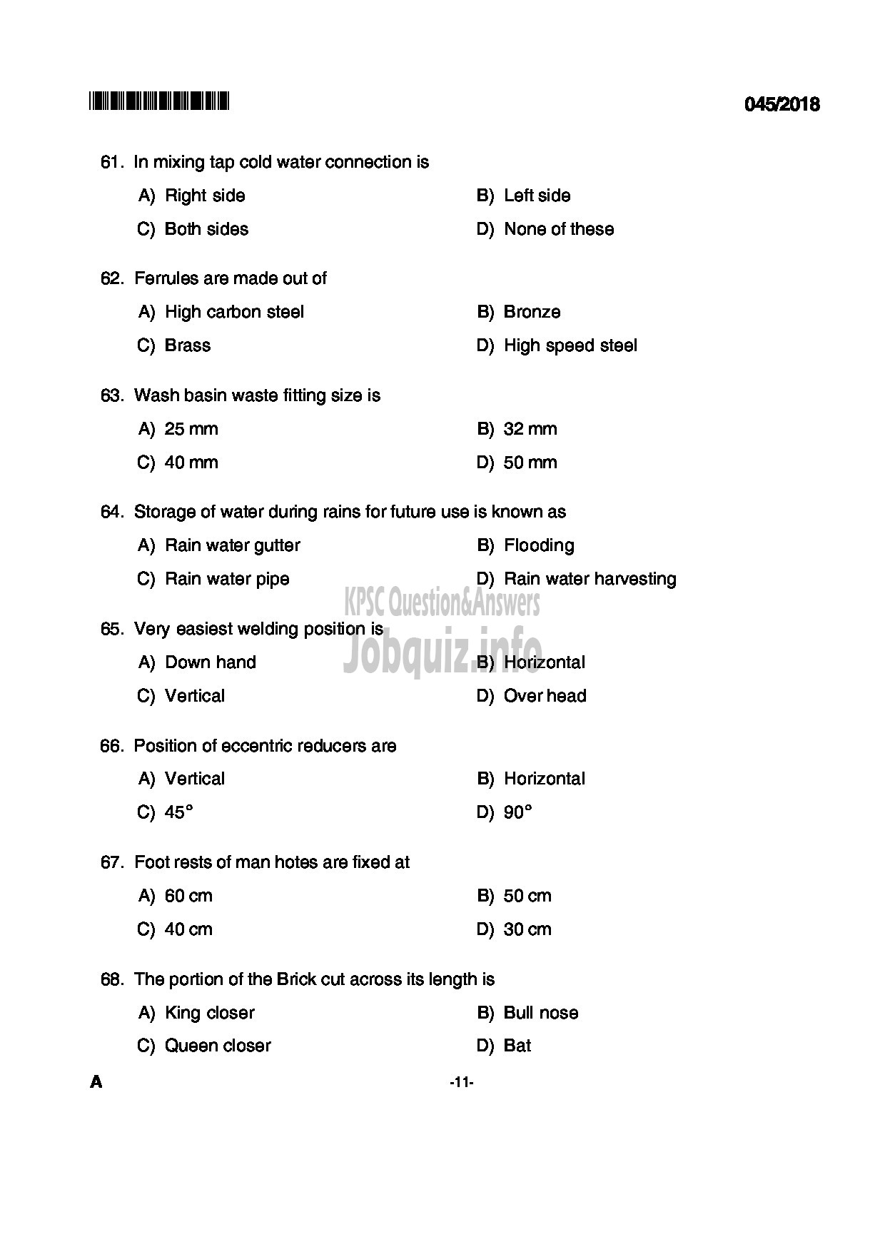 Kerala PSC Question Paper - PLUMBER KERALA TOURISM DEVELOPMENT CORPORATION LTD-11