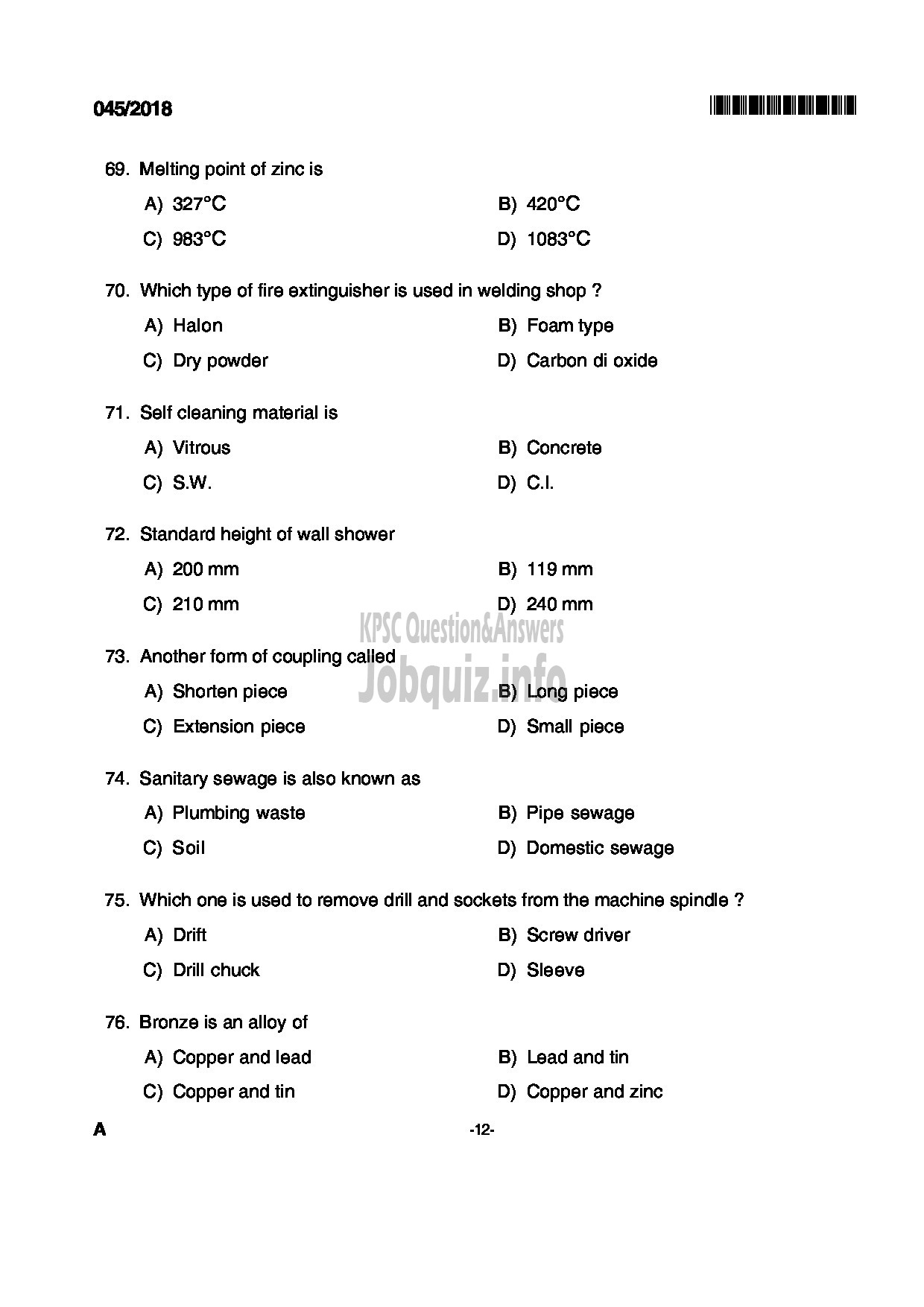 Kerala PSC Question Paper - PLUMBER KERALA TOURISM DEVELOPMENT CORPORATION LTD-12