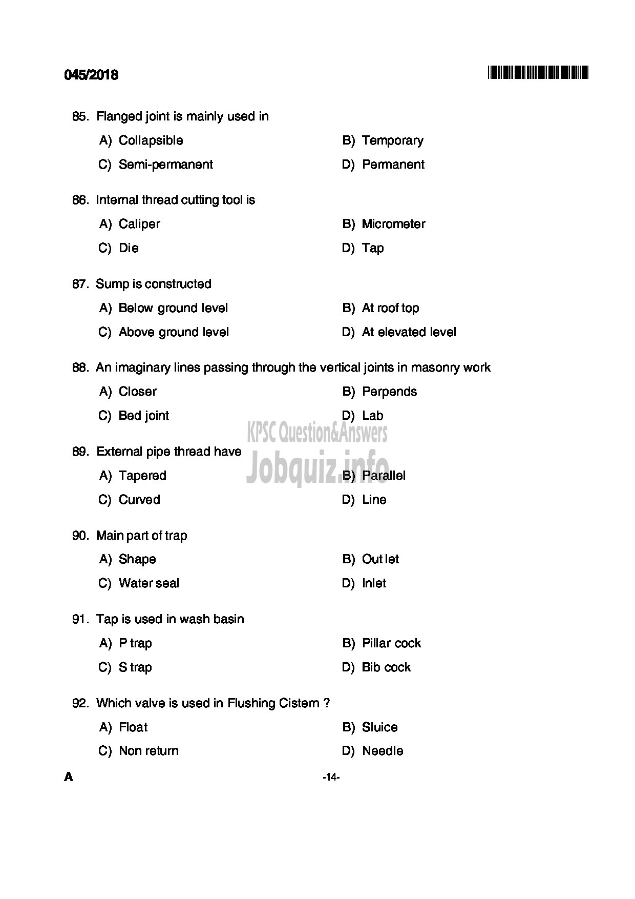 Kerala PSC Question Paper - PLUMBER KERALA TOURISM DEVELOPMENT CORPORATION LTD-14