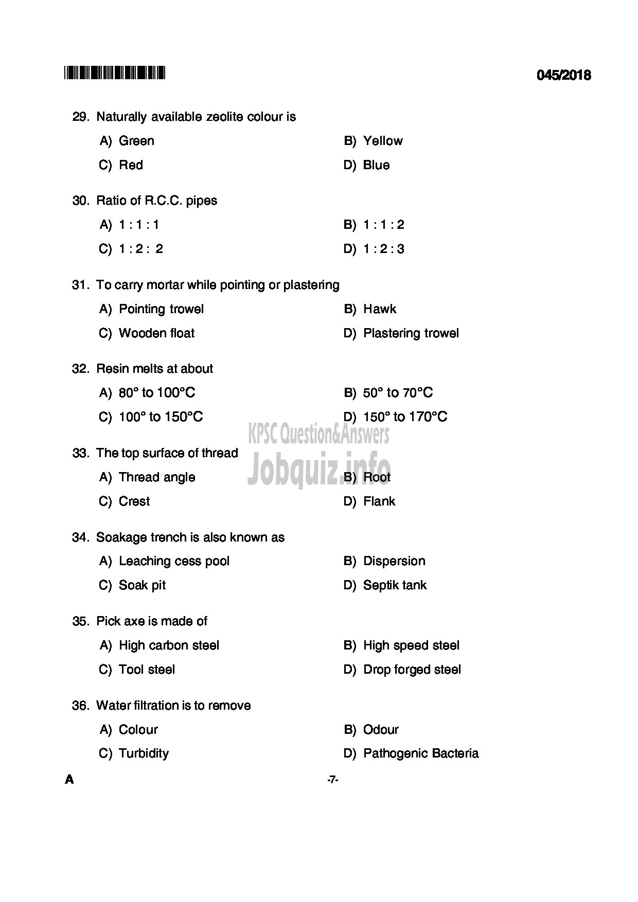 Kerala PSC Question Paper - PLUMBER KERALA TOURISM DEVELOPMENT CORPORATION LTD-7