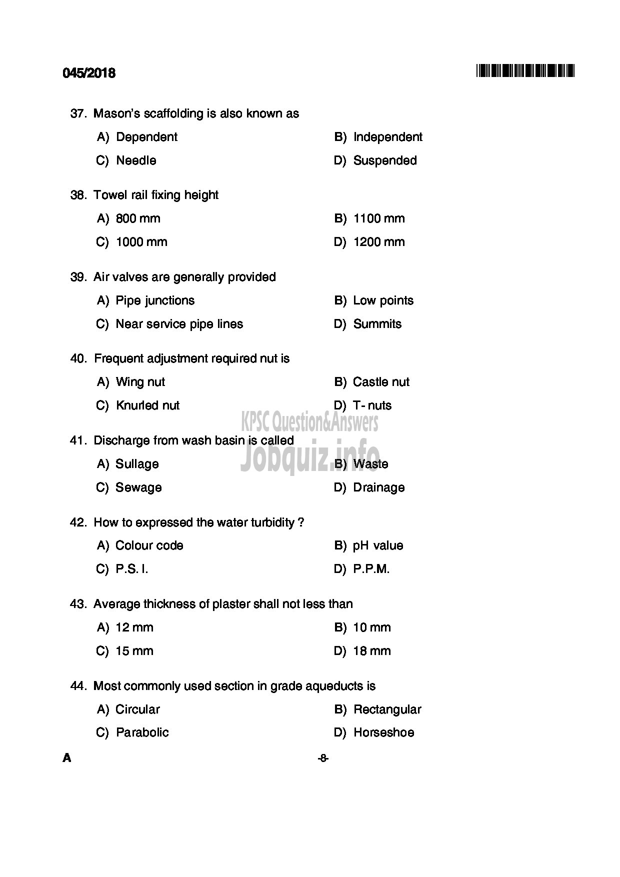 Kerala PSC Question Paper - PLUMBER KERALA TOURISM DEVELOPMENT CORPORATION LTD-8