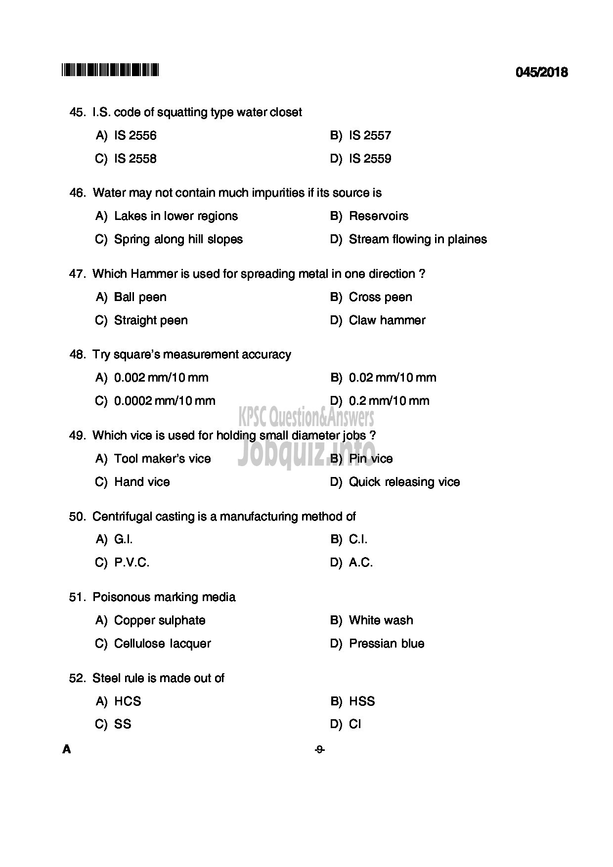 Kerala PSC Question Paper - PLUMBER KERALA TOURISM DEVELOPMENT CORPORATION LTD-9