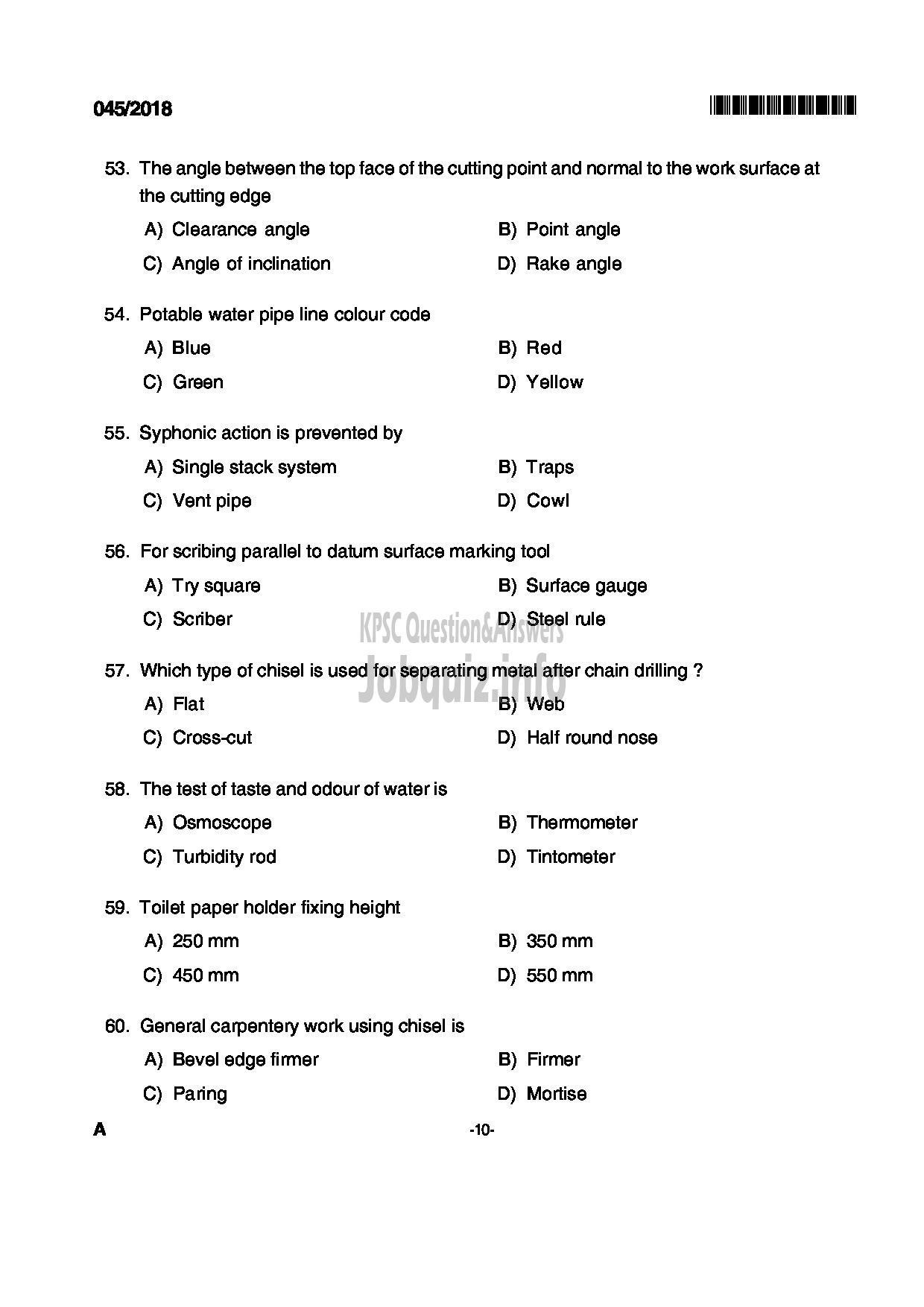 Kerala PSC Question Paper - PLUMBER KERALA TOURISM DEVELOPMENT CORPORATION LTD-10