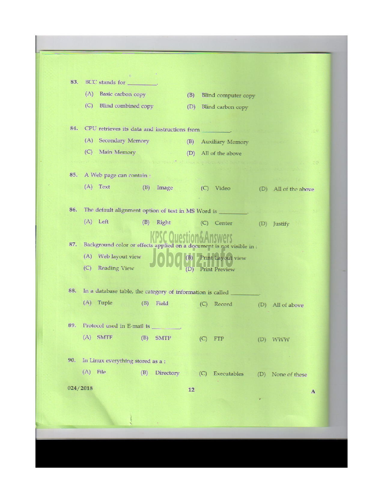 Kerala PSC Question Paper - POLICE CONSTABLE TELECOMMUNICATIONS POLICE-11