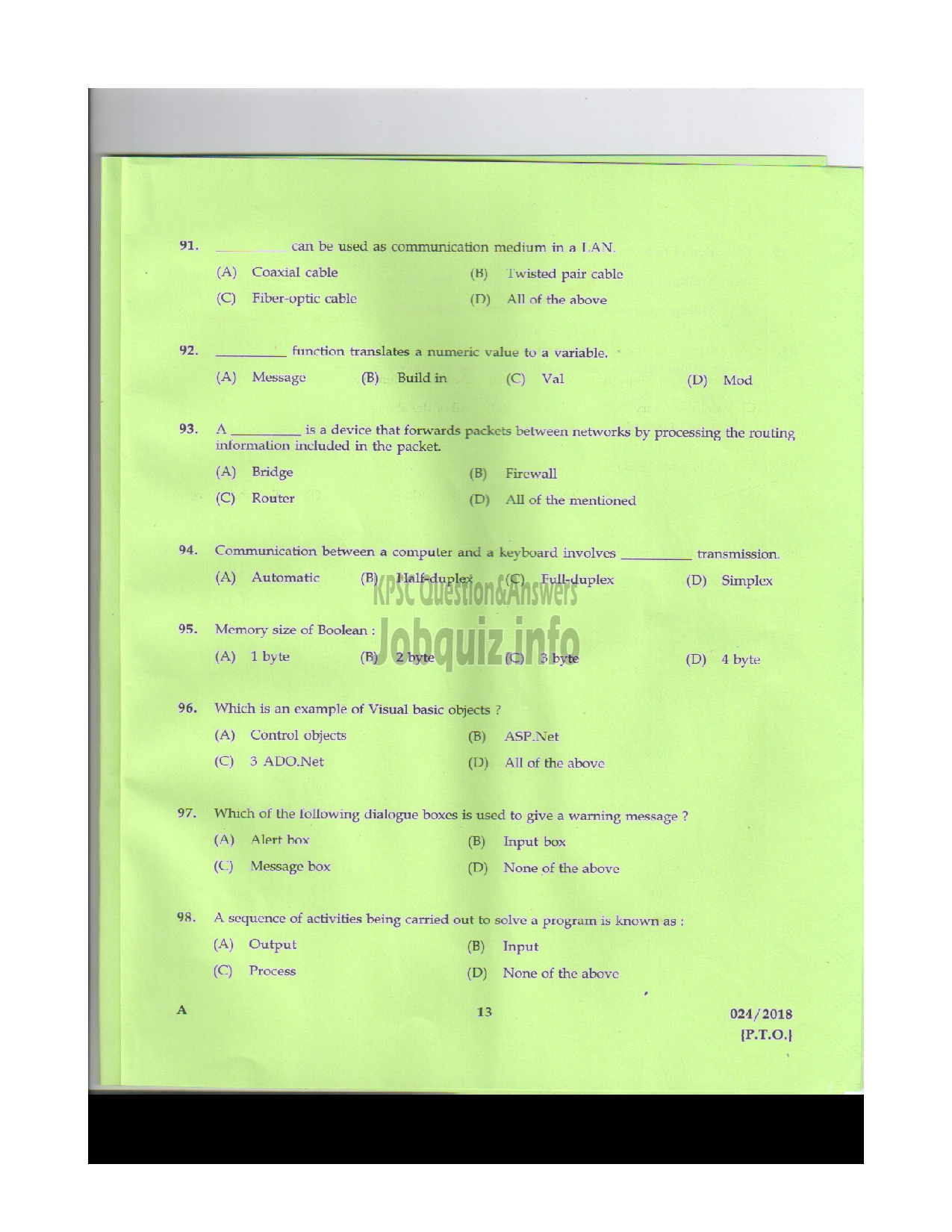 Kerala PSC Question Paper - POLICE CONSTABLE TELECOMMUNICATIONS POLICE-12