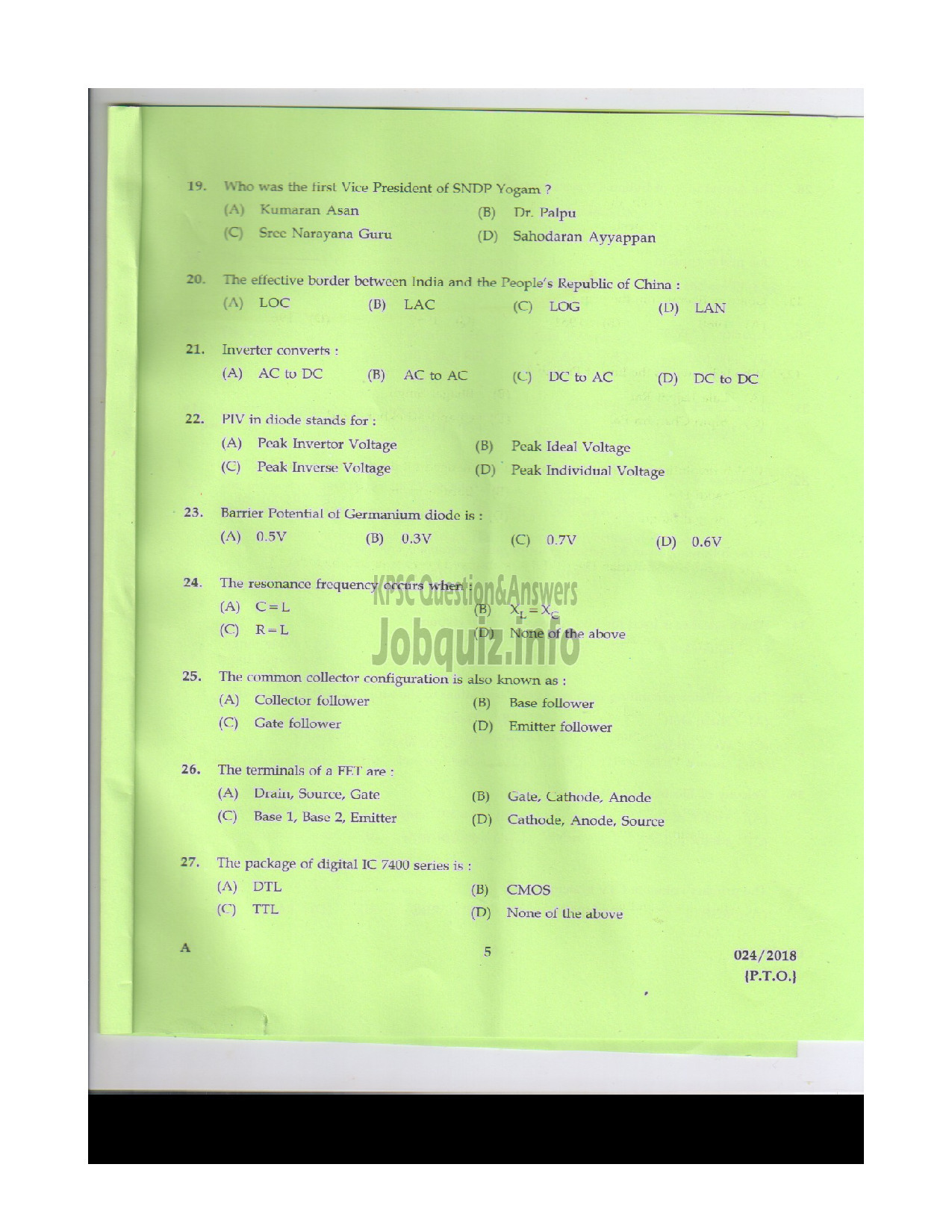 Kerala PSC Question Paper - POLICE CONSTABLE TELECOMMUNICATIONS POLICE-4