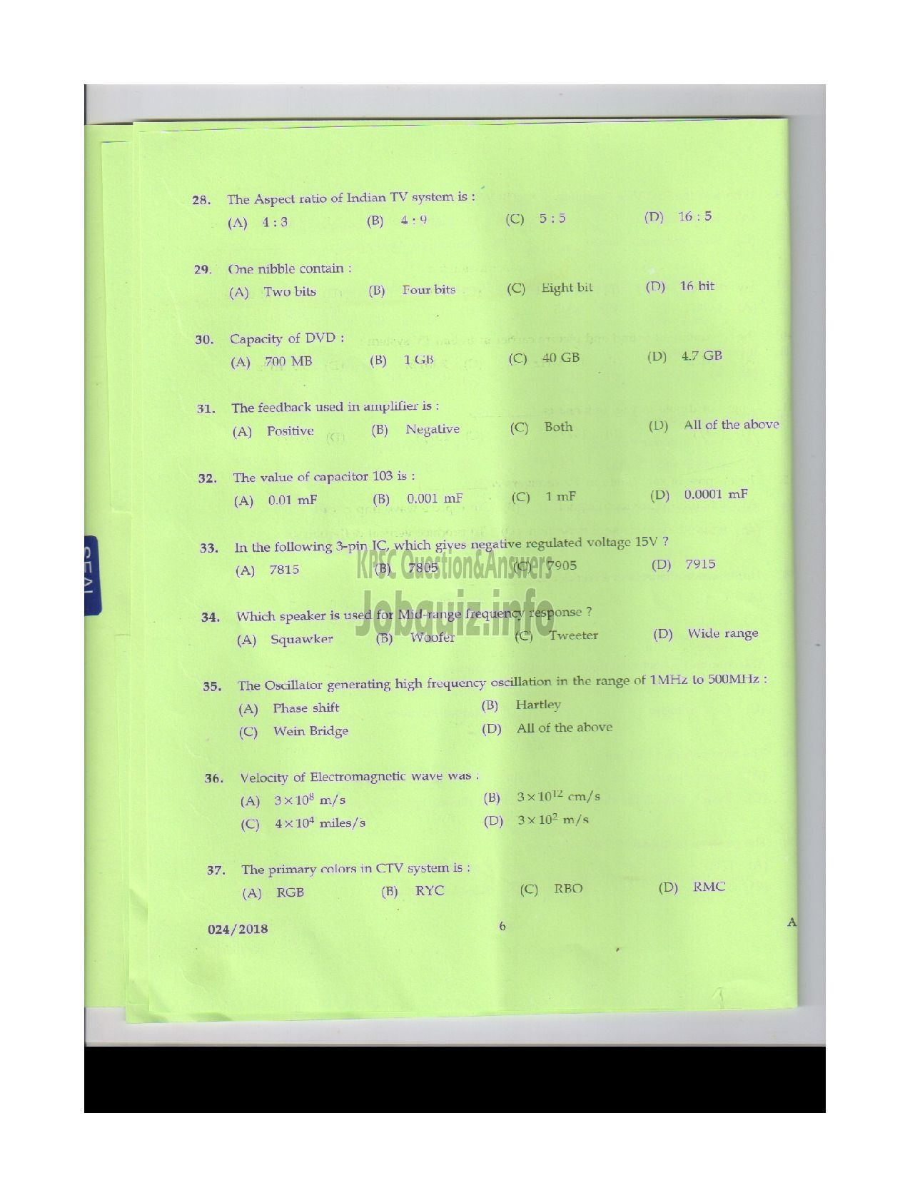 Kerala PSC Question Paper - POLICE CONSTABLE TELECOMMUNICATIONS POLICE-5